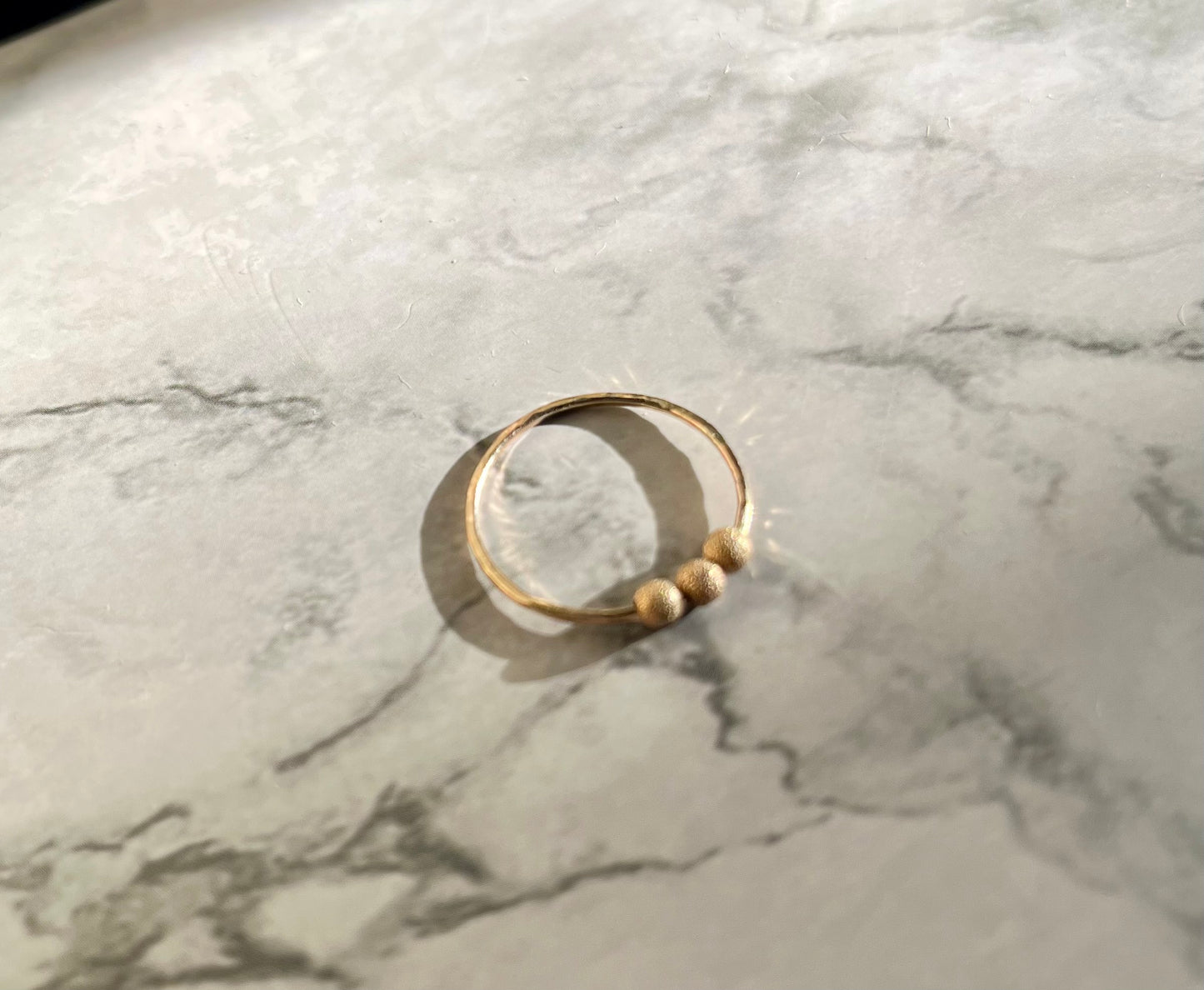 Handmade 9K Gold Fidget Ring Hammered Anti Anxiety Ring with Three Textured Moving Beads