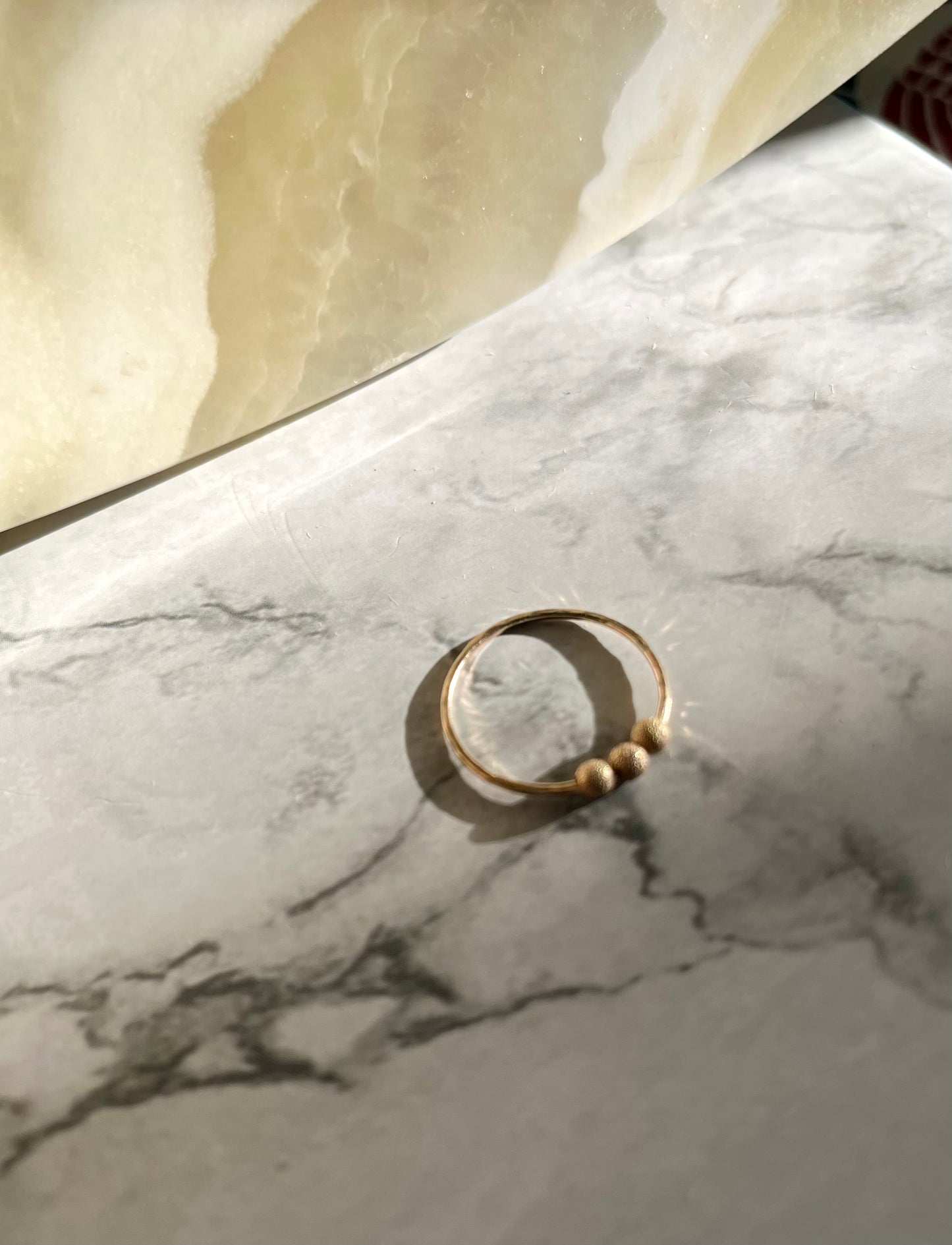 Handmade 9K Gold Fidget Ring Hammered Anti Anxiety Ring with Three Textured Moving Beads