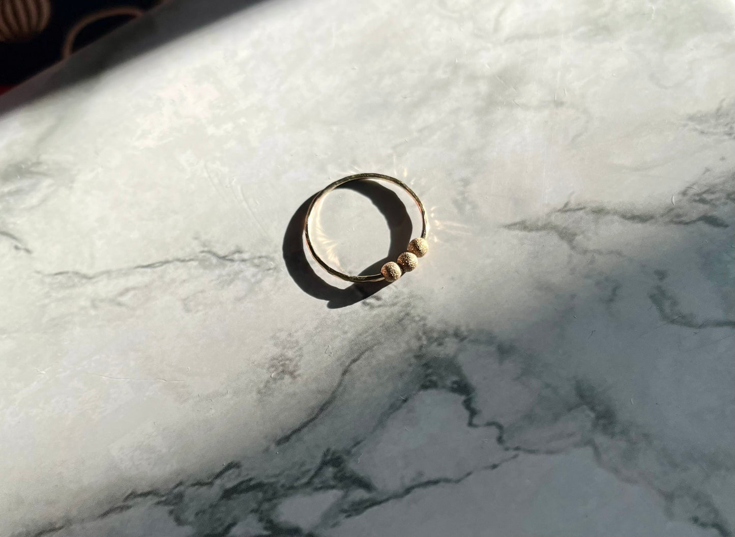 Handmade 9K Gold Fidget Ring Hammered Anti Anxiety Ring with Three Textured Moving Beads