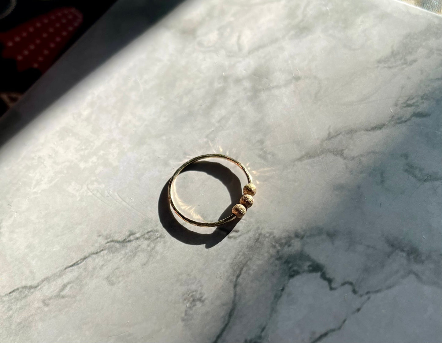 Handmade 9K Gold Fidget Ring Hammered Anti Anxiety Ring with Three Textured Moving Beads