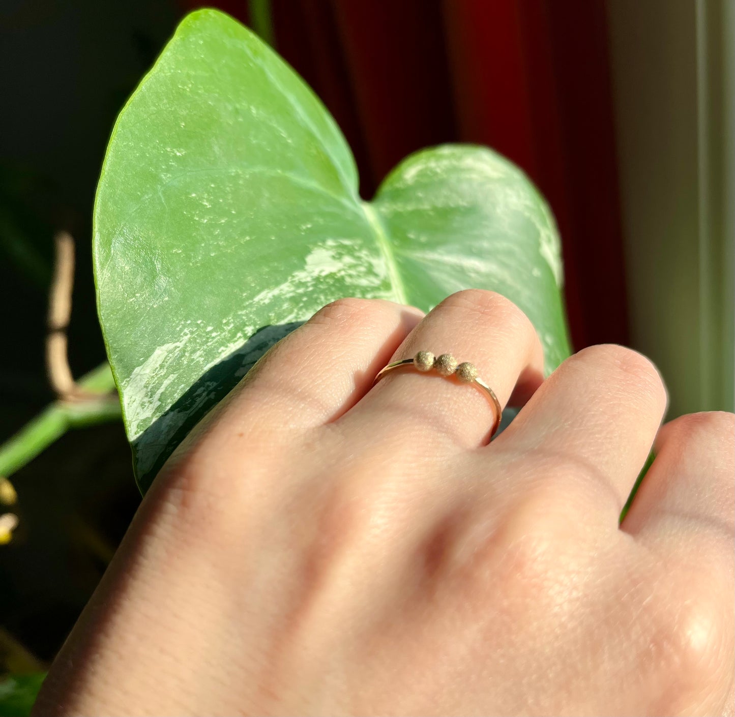 Handmade 9K Gold Fidget Ring Hammered Anti Anxiety Ring with Three Textured Moving Beads