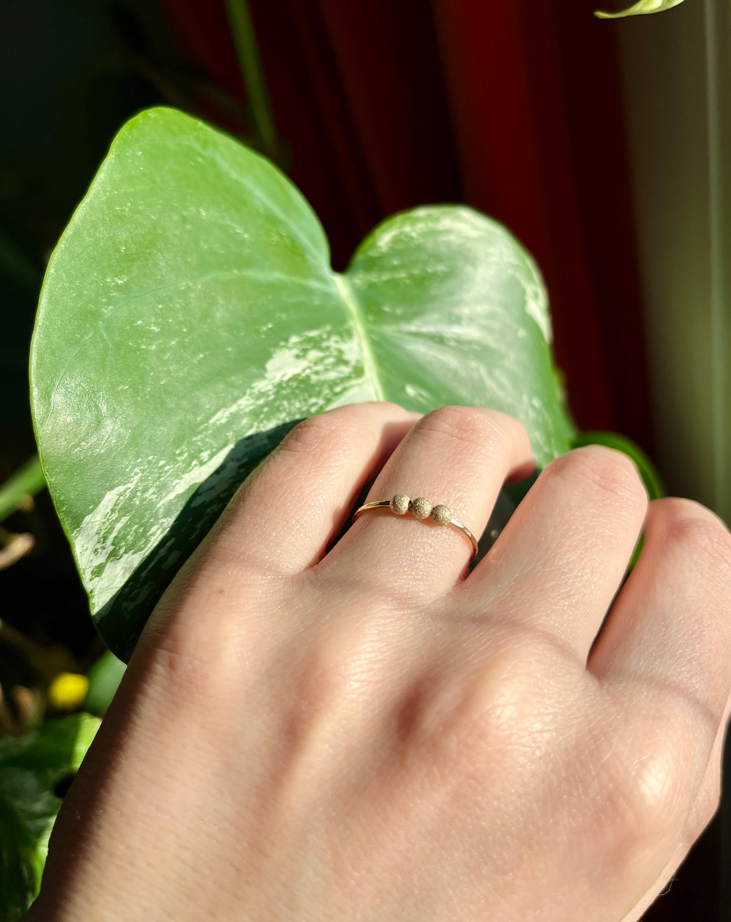 Handmade 9K Gold Fidget Ring Hammered Anti Anxiety Ring with Three Textured Moving Beads