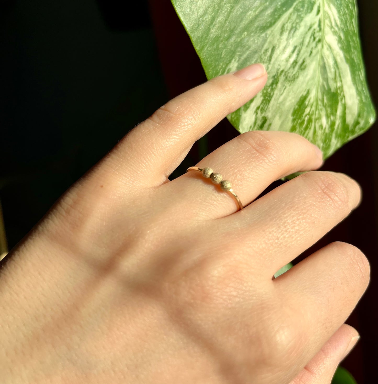 Handmade 9K Gold Fidget Ring Hammered Anti Anxiety Ring with Three Textured Moving Beads