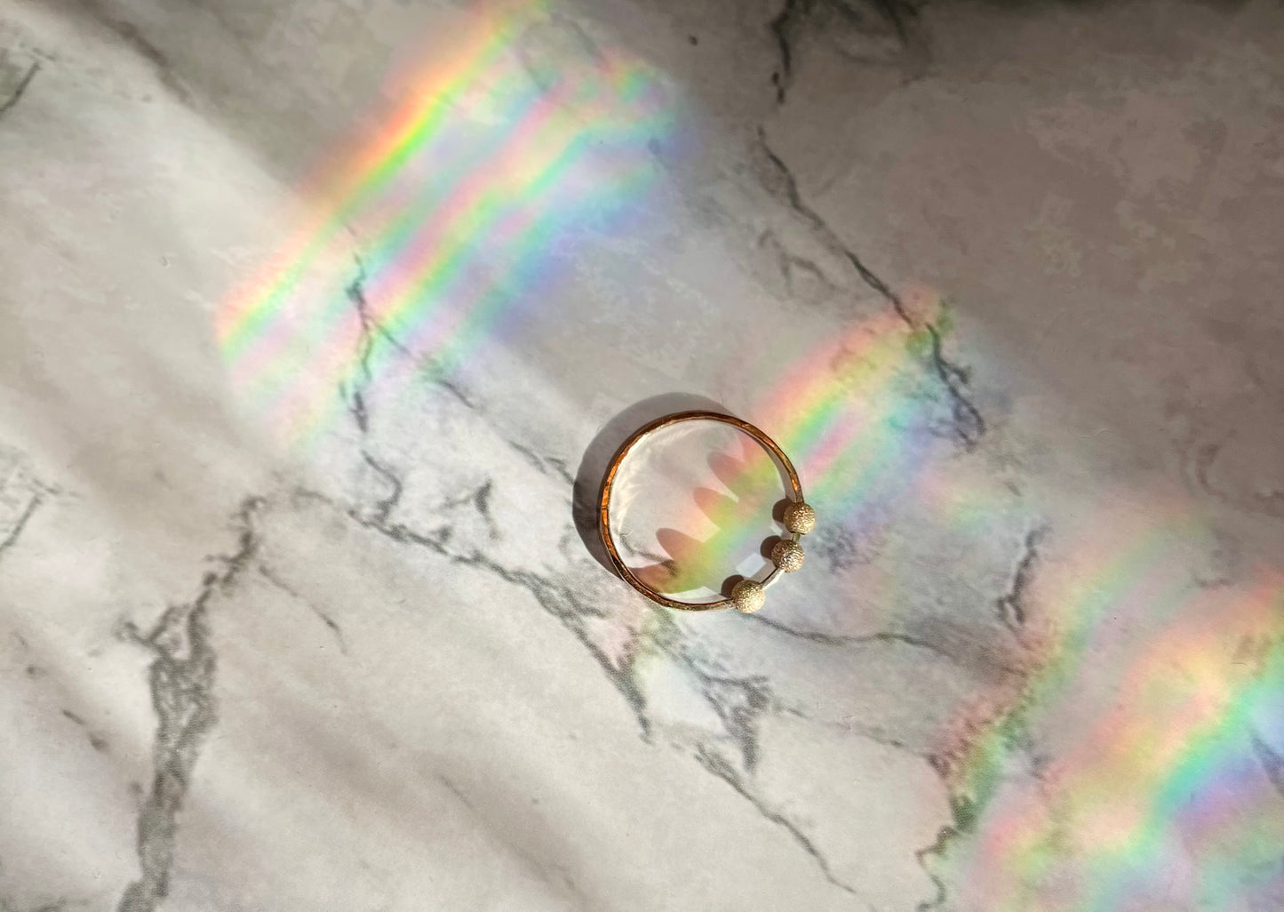 Handmade 9K Gold Fidget Ring Hammered Anti Anxiety Ring with Three Textured Moving Beads