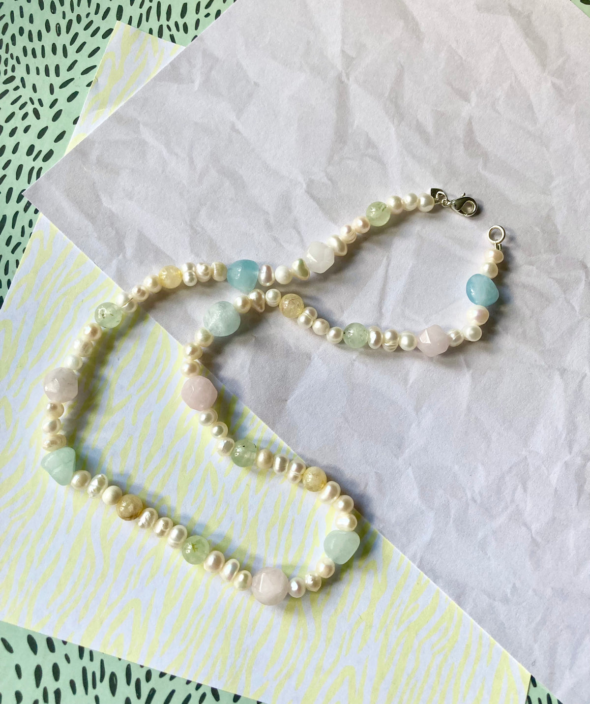 Lovely Pastel Gemstone and Freshwater Pearl Necklace with Aquamarine, Peridot, Citrine & Rose Quartz
