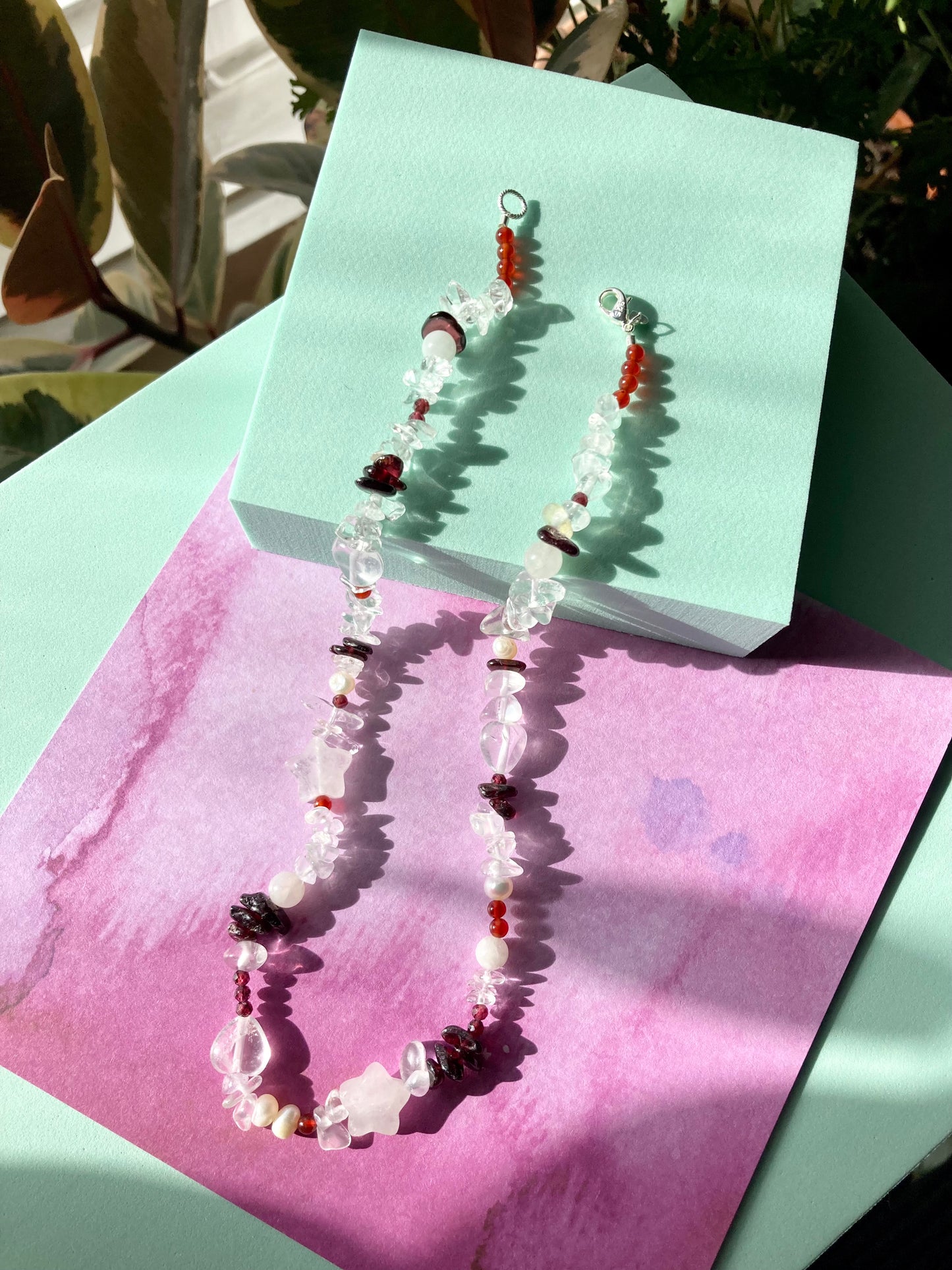 Playful Clear Quartz Necklace with Garnet, Moonstone, Heart & Star Shaped Beads