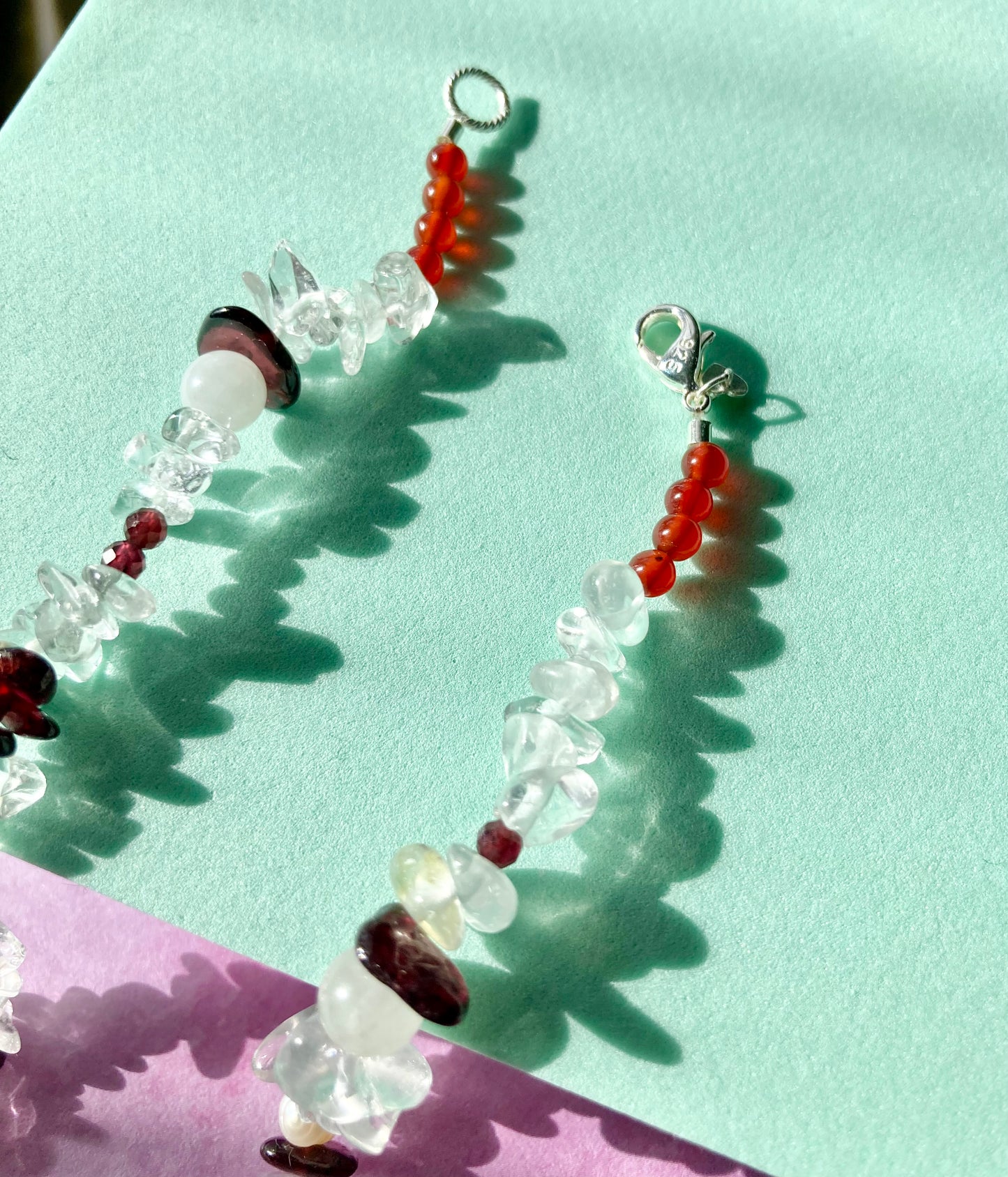 Playful Clear Quartz Necklace with Garnet, Moonstone, Heart & Star Shaped Beads