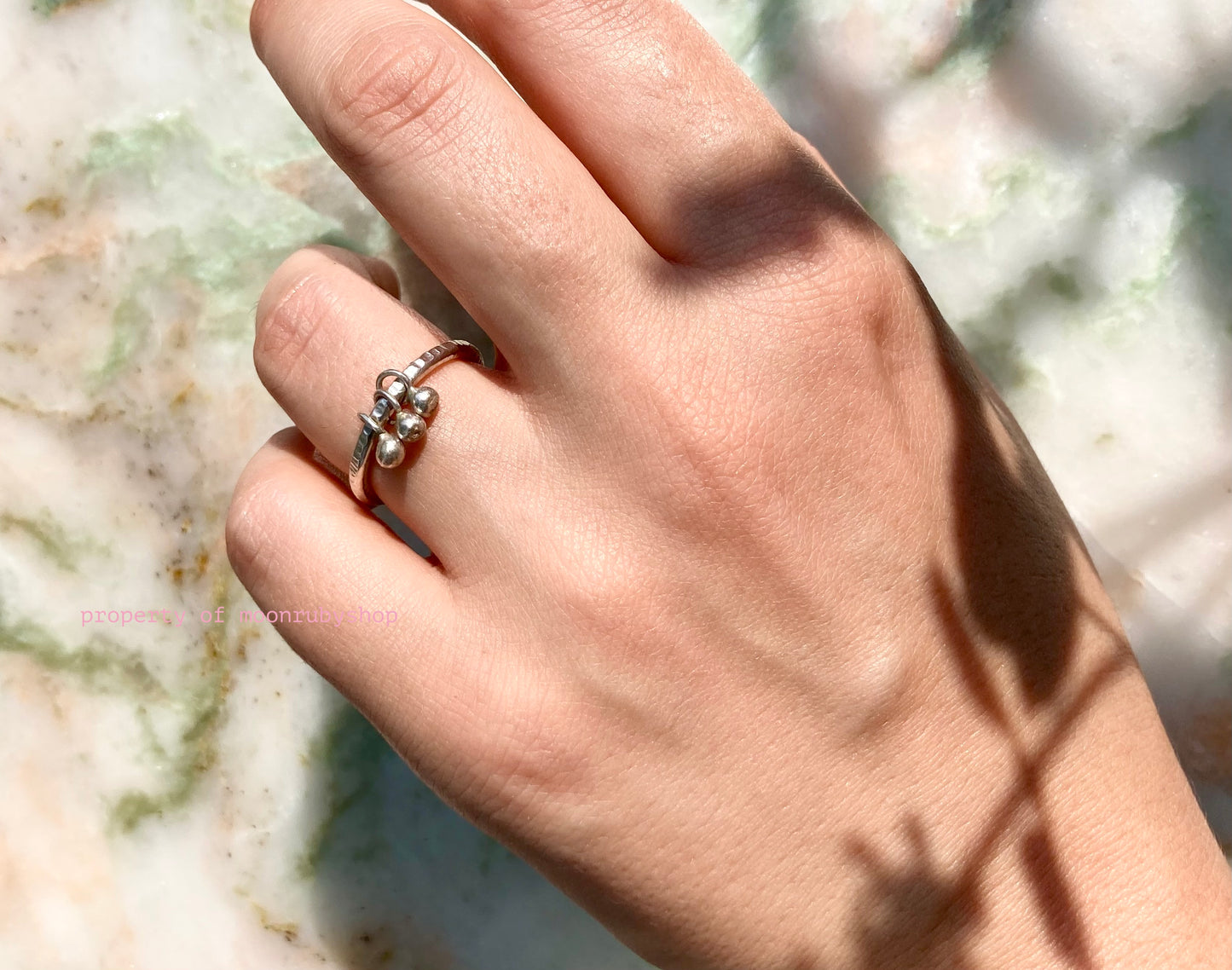 Solid Silver Worry Ring with Silver Dangly Charm Balls for Stress Relief and Focus