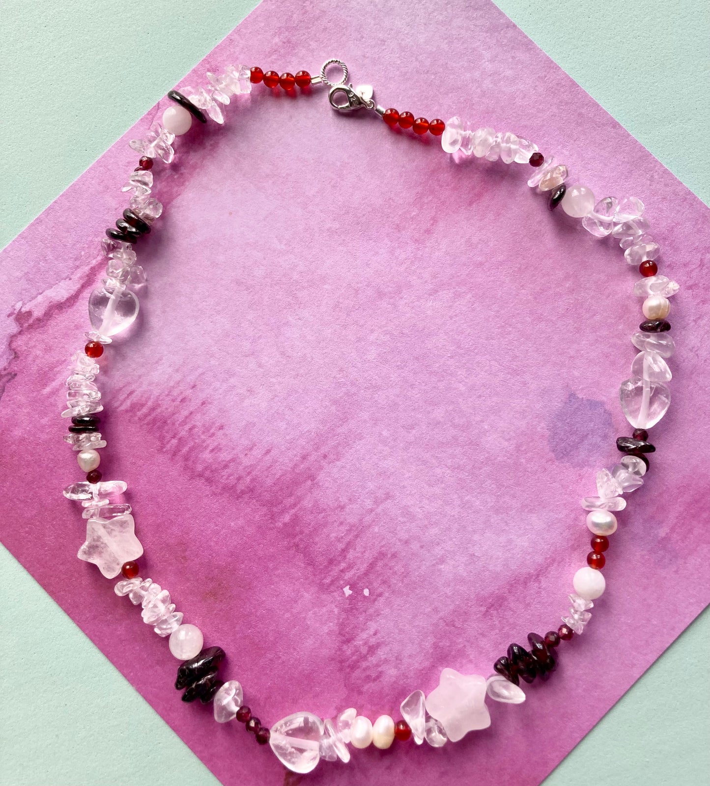Playful Clear Quartz Necklace with Garnet, Moonstone, Heart & Star Shaped Beads