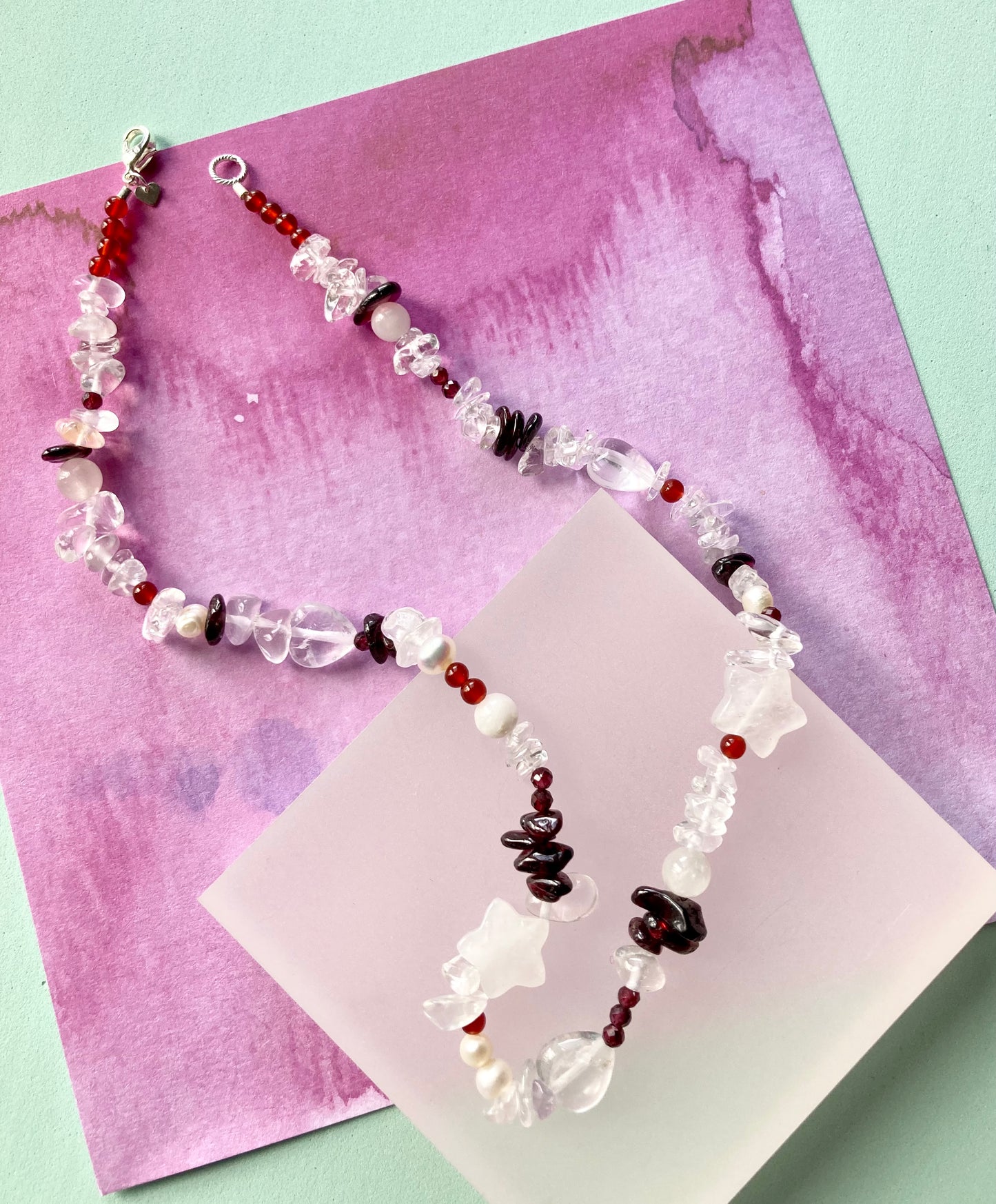 Playful Clear Quartz Necklace with Garnet, Moonstone, Heart & Star Shaped Beads