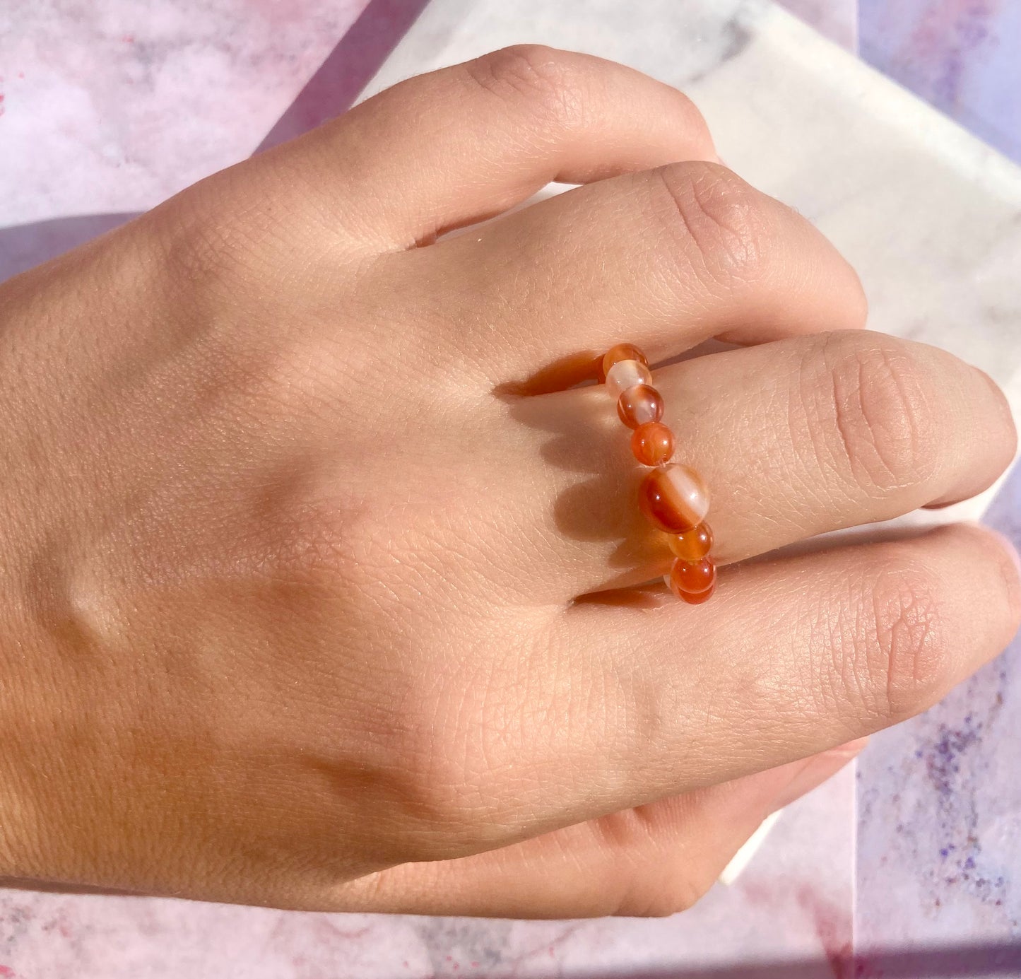 Elastic Juicy Carnelian Fidget Ring Made of Natural Gemstone Beads for Calmness