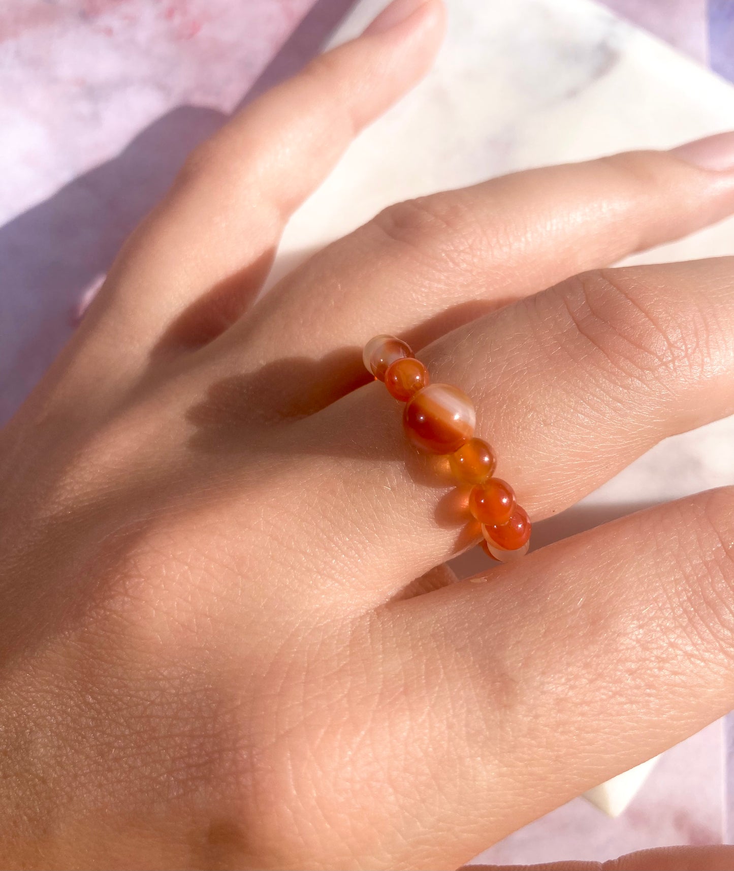 Elastic Juicy Carnelian Fidget Ring Made of Natural Gemstone Beads for Calmness