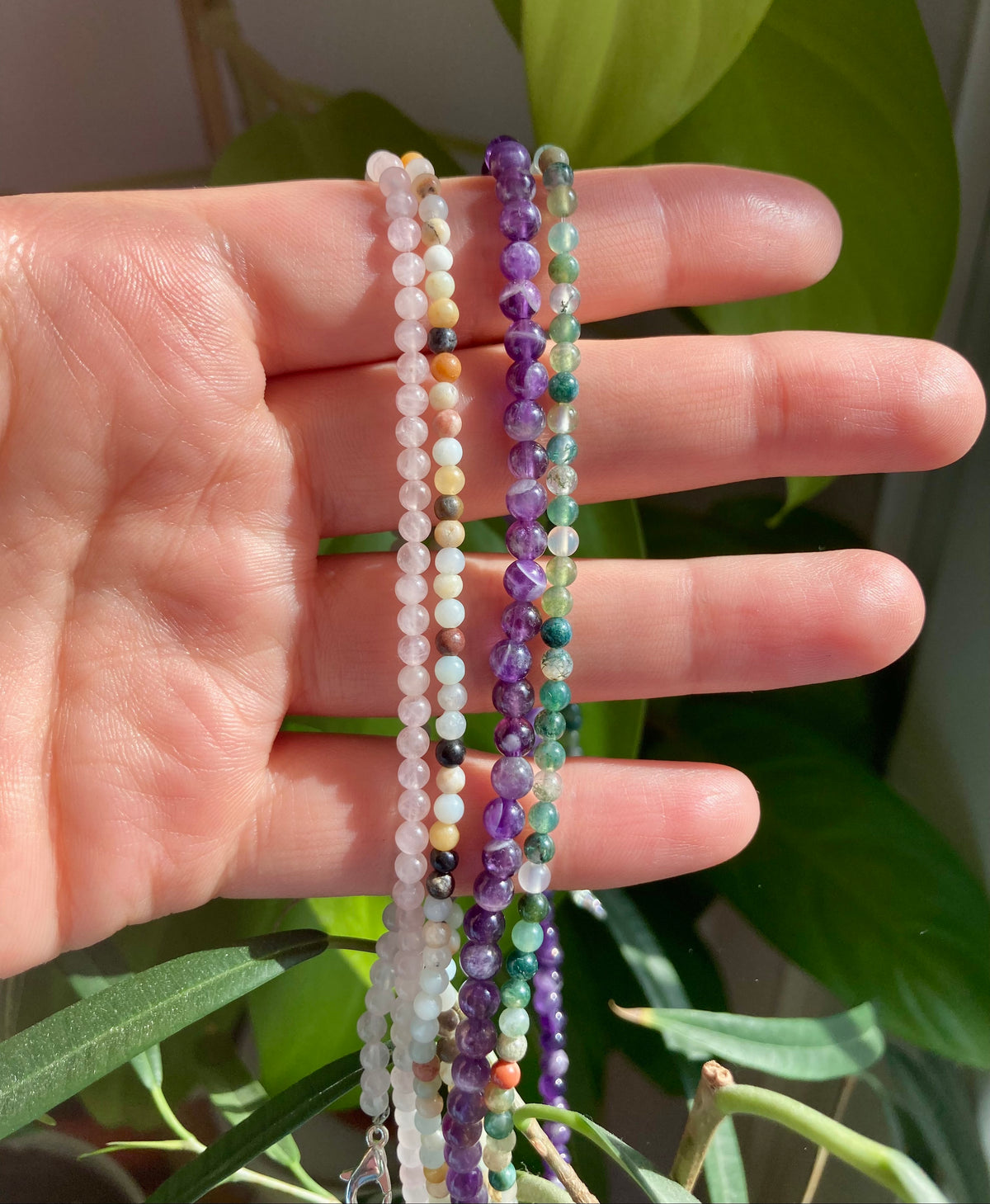 Elegant Minimalistic Gemstone Necklaces In Amethyst, Moss Agate, Rose Quartz and Amazonite