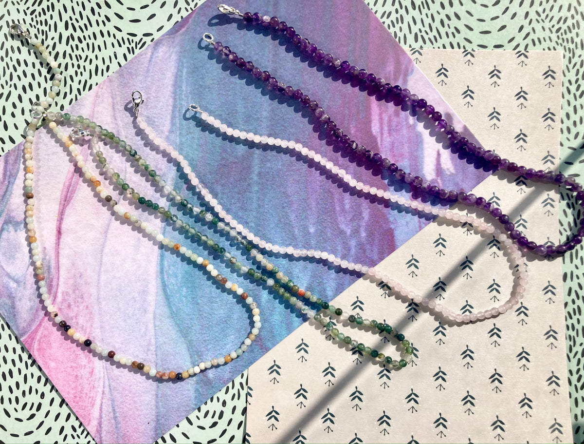 Elegant Minimalistic Gemstone Necklaces In Amethyst, Moss Agate, Rose Quartz and Amazonite