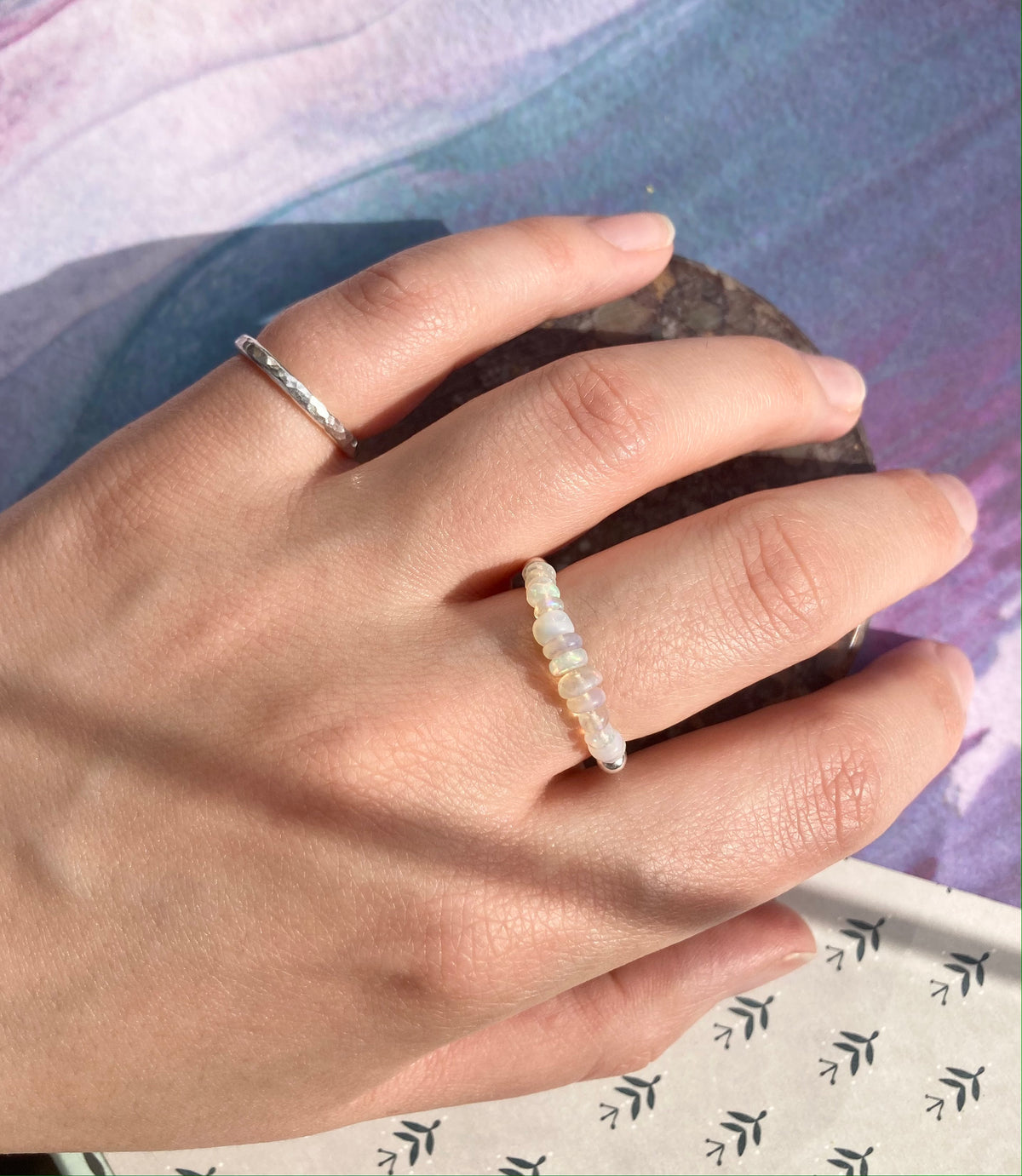 Natural White Ethiopian Opal and Silver Beads Anti-Anxiety Elastic Fidget Ring