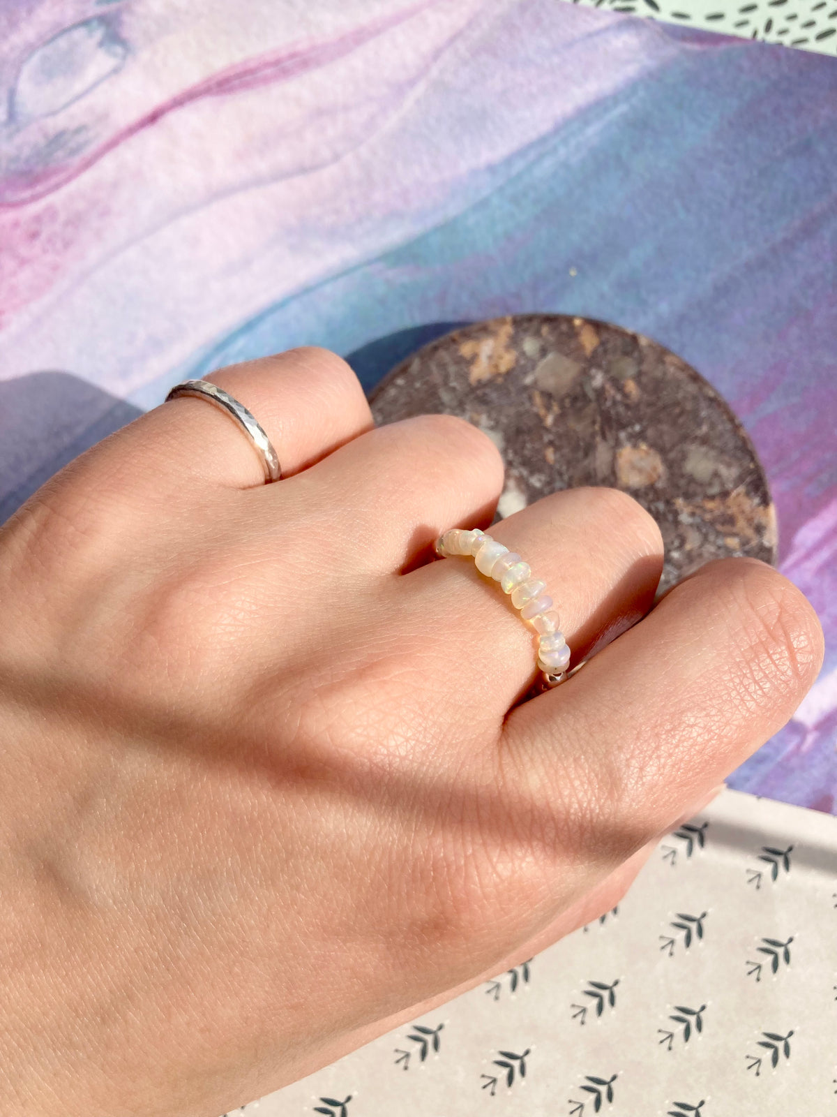 Natural White Ethiopian Opal and Silver Beads Anti-Anxiety Elastic Fidget Ring