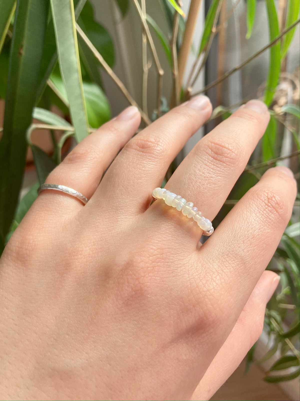 Natural White Ethiopian Opal and Silver Beads Anti-Anxiety Elastic Fidget Ring