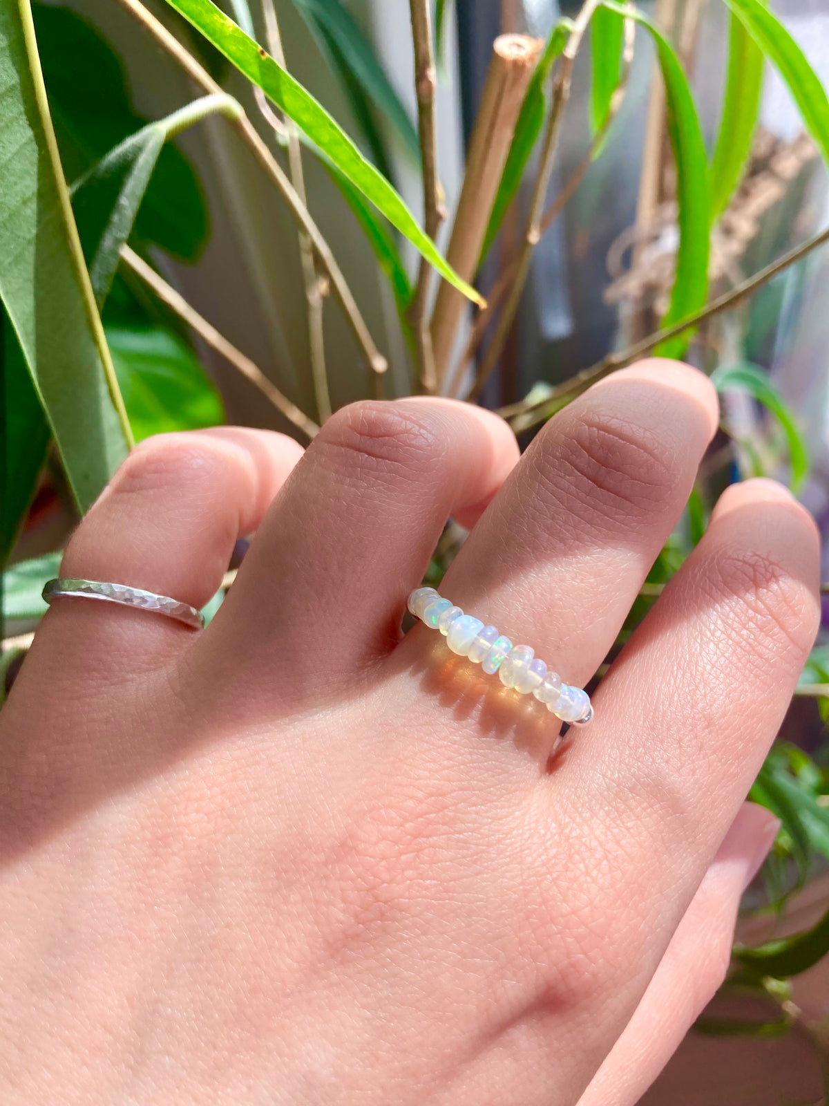 Natural White Ethiopian Opal and Silver Beads Anti-Anxiety Elastic Fidget Ring