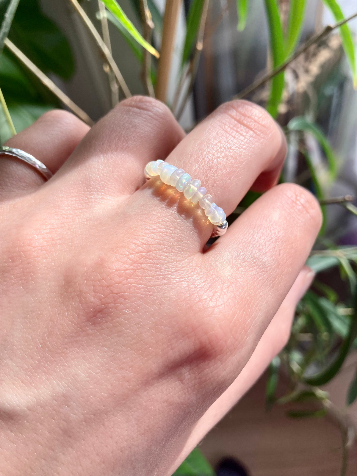 Natural White Ethiopian Opal and Silver Beads Anti-Anxiety Elastic Fidget Ring