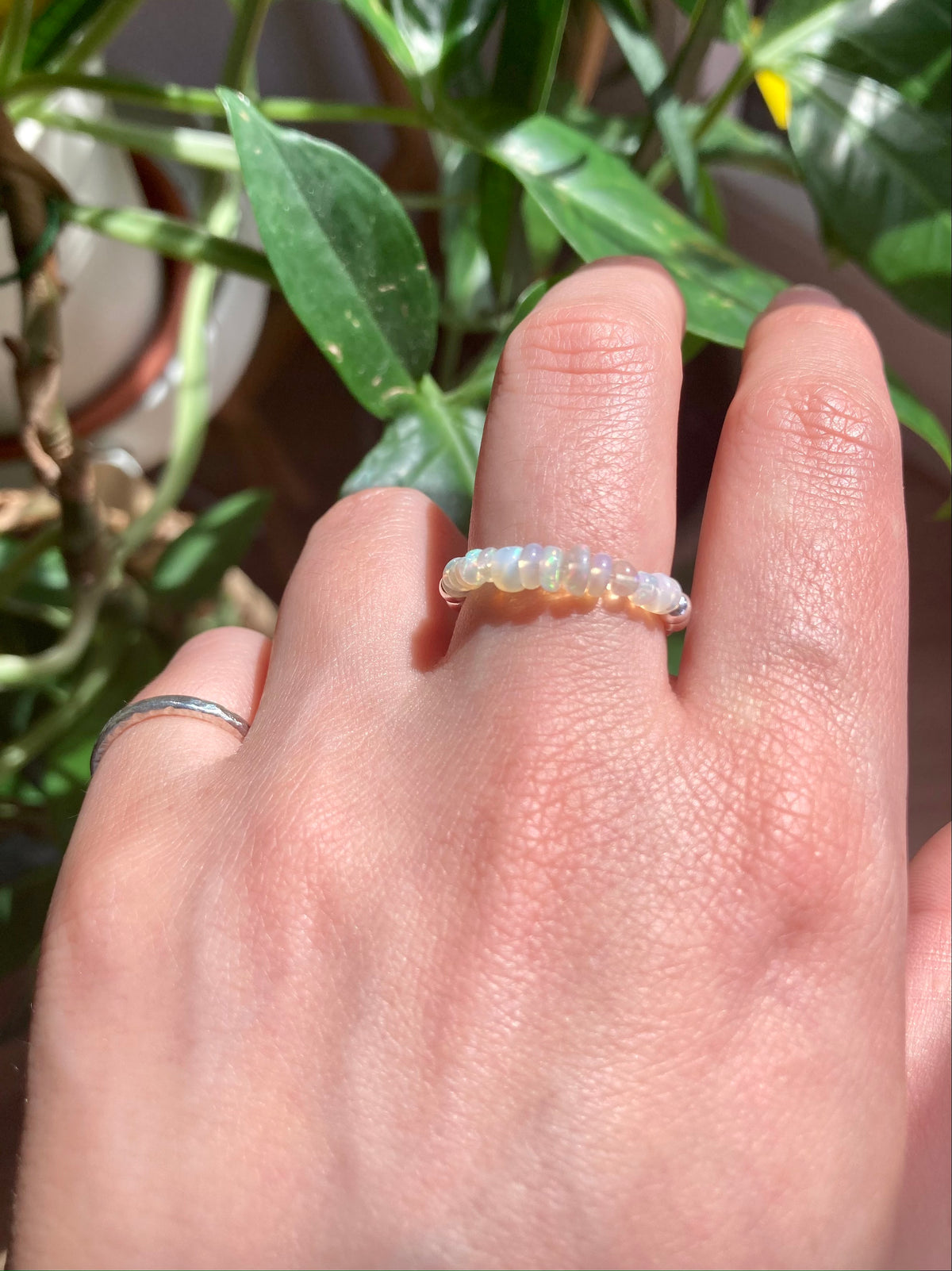 Natural White Ethiopian Opal and Silver Beads Anti-Anxiety Elastic Fidget Ring