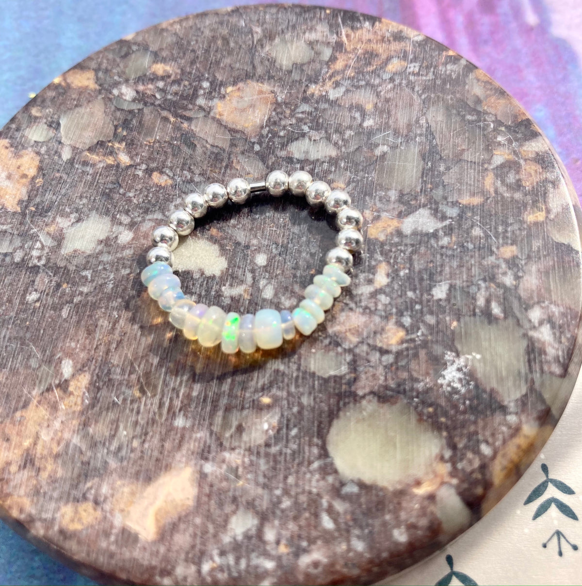 Natural White Ethiopian Opal and Silver Beads Anti-Anxiety Elastic Fidget Ring