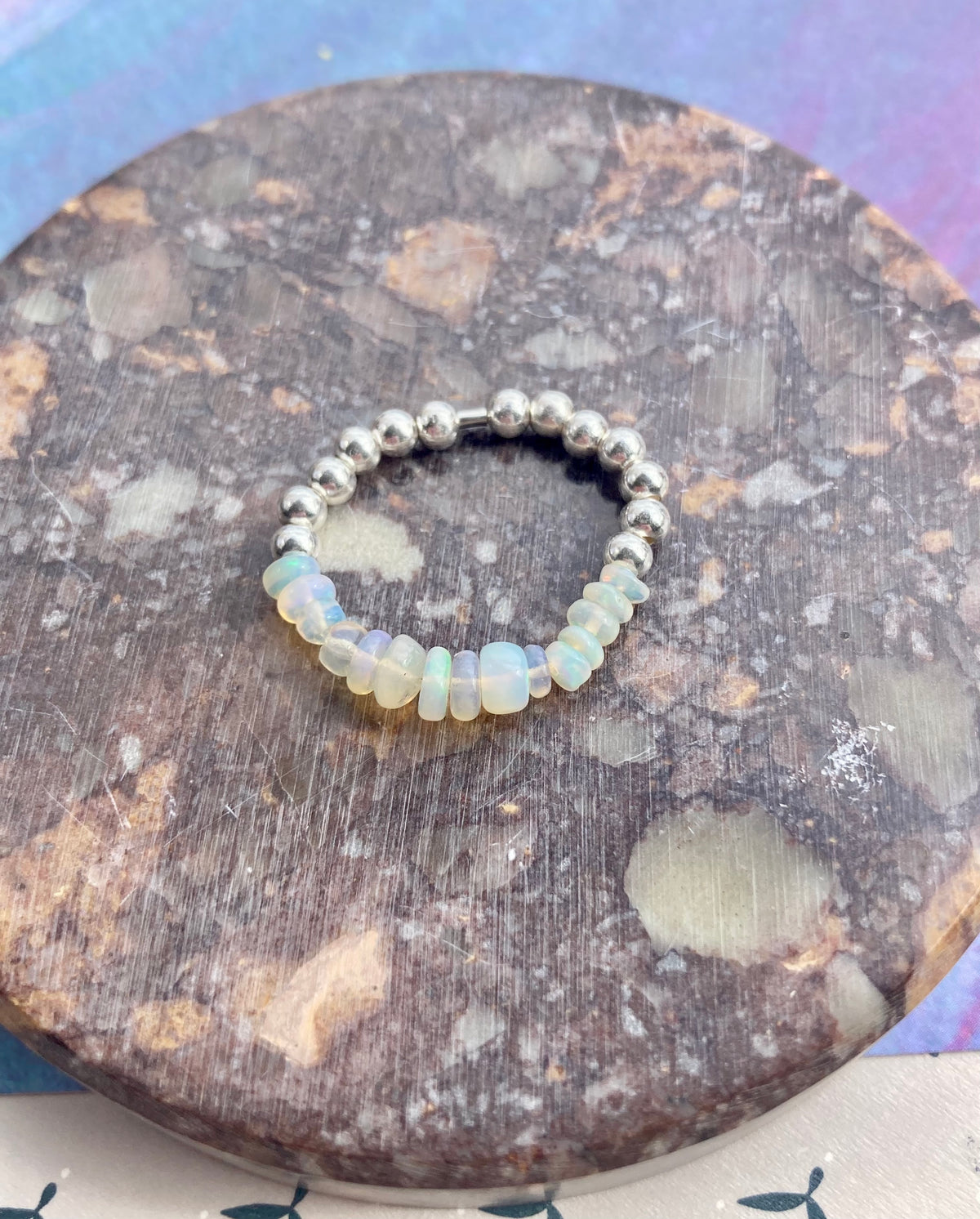 Natural White Ethiopian Opal and Silver Beads Anti-Anxiety Elastic Fidget Ring