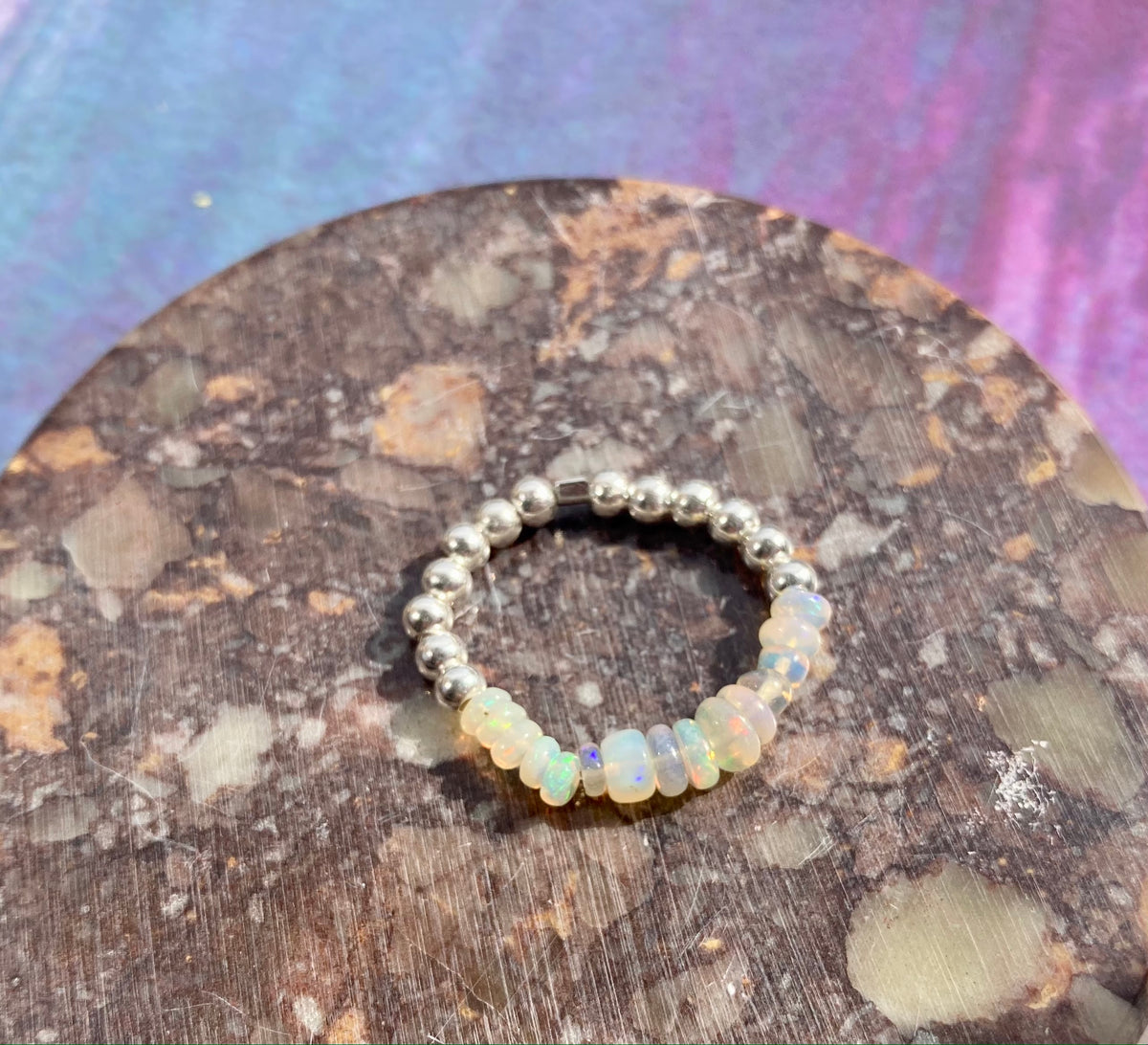 Natural White Ethiopian Opal and Silver Beads Anti-Anxiety Elastic Fidget Ring