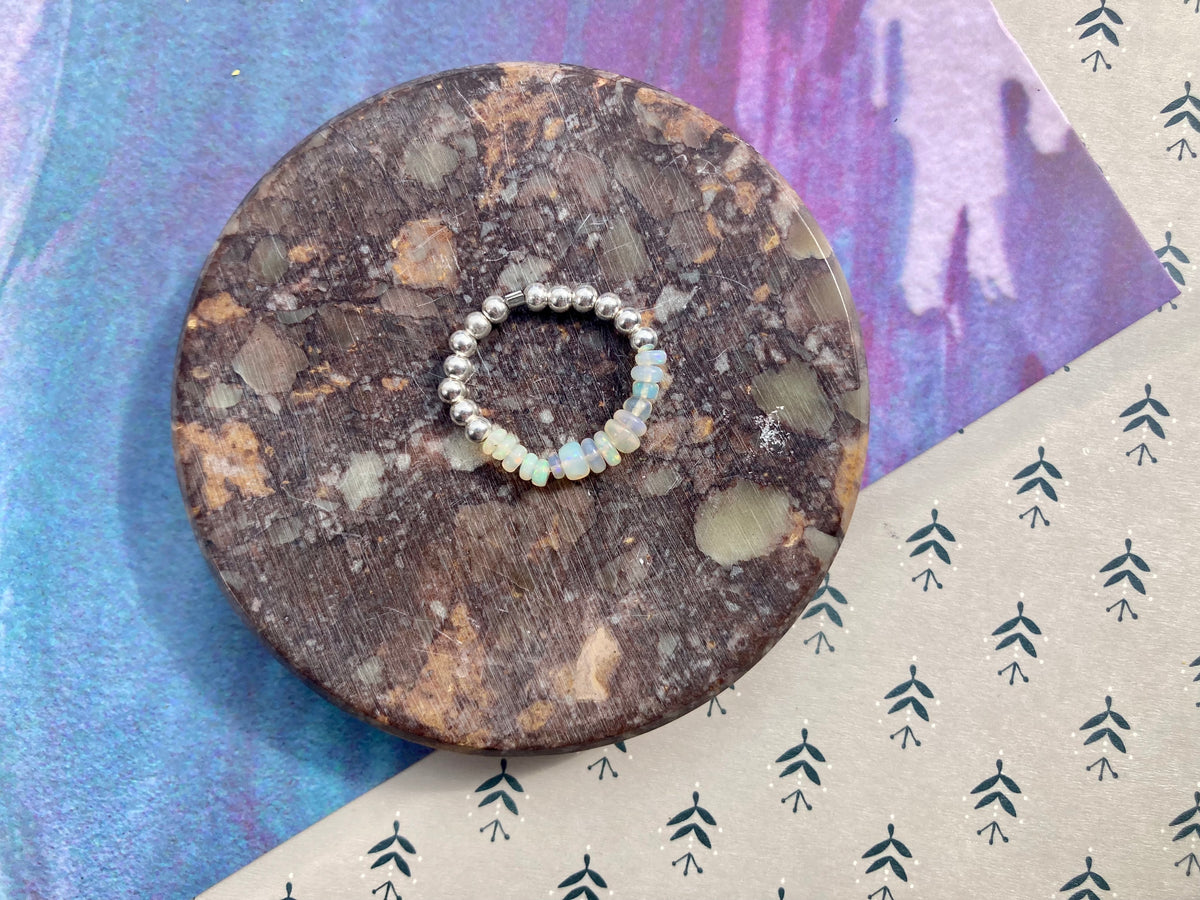 Natural White Ethiopian Opal and Silver Beads Anti-Anxiety Elastic Fidget Ring