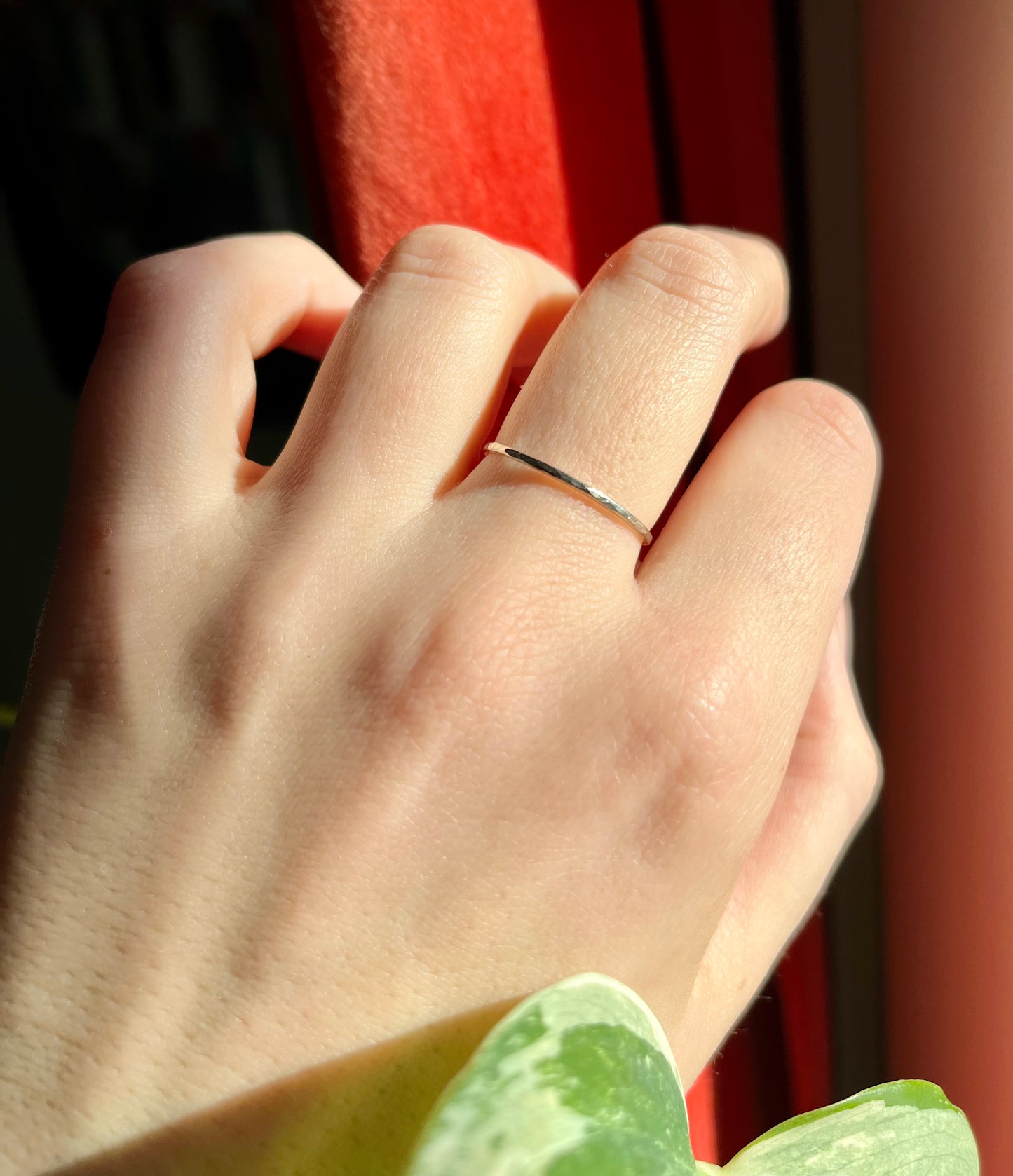 Delicate Solid 9K White Gold Thin Hammered Ring – Handcrafted Minimalist Jewelry
