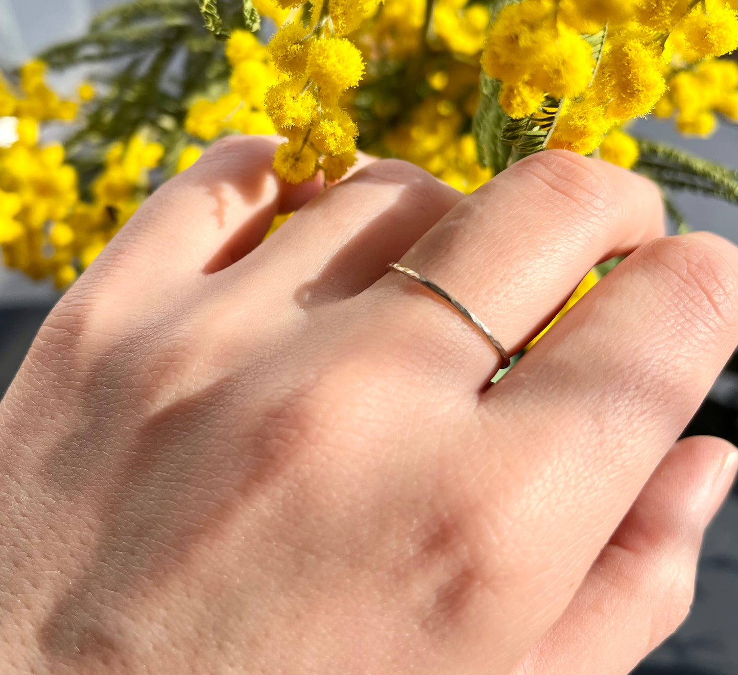 Delicate Solid 9K White Gold Thin Hammered Ring – Handcrafted Minimalist Jewelry