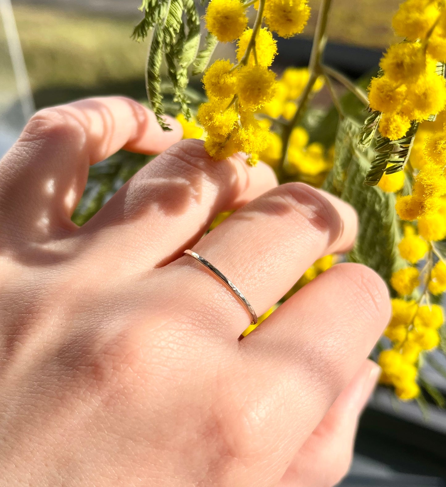 Delicate Solid 9K White Gold Thin Hammered Ring – Handcrafted Minimalist Jewelry