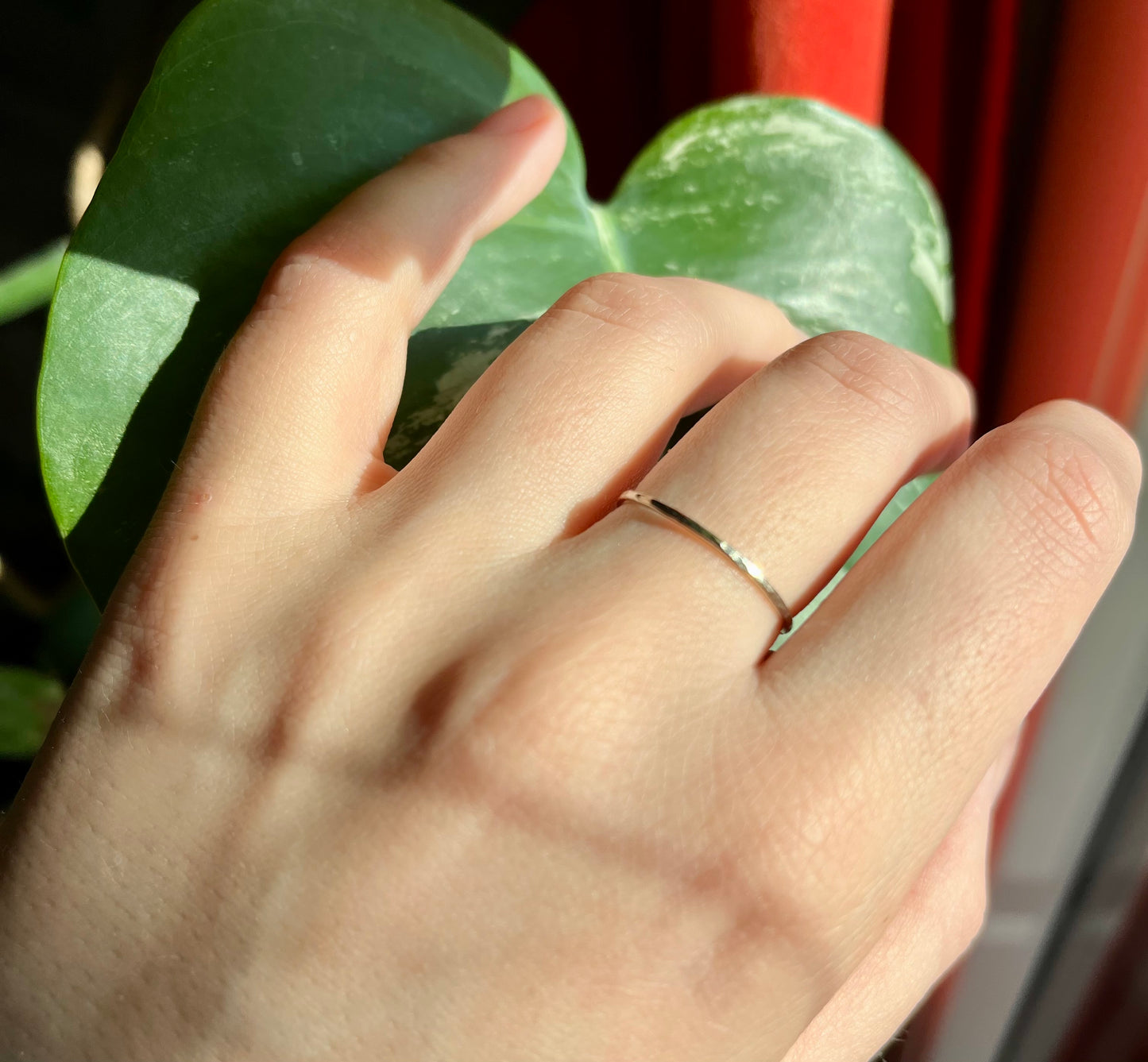 Delicate Solid 9K White Gold Thin Hammered Ring – Handcrafted Minimalist Jewelry