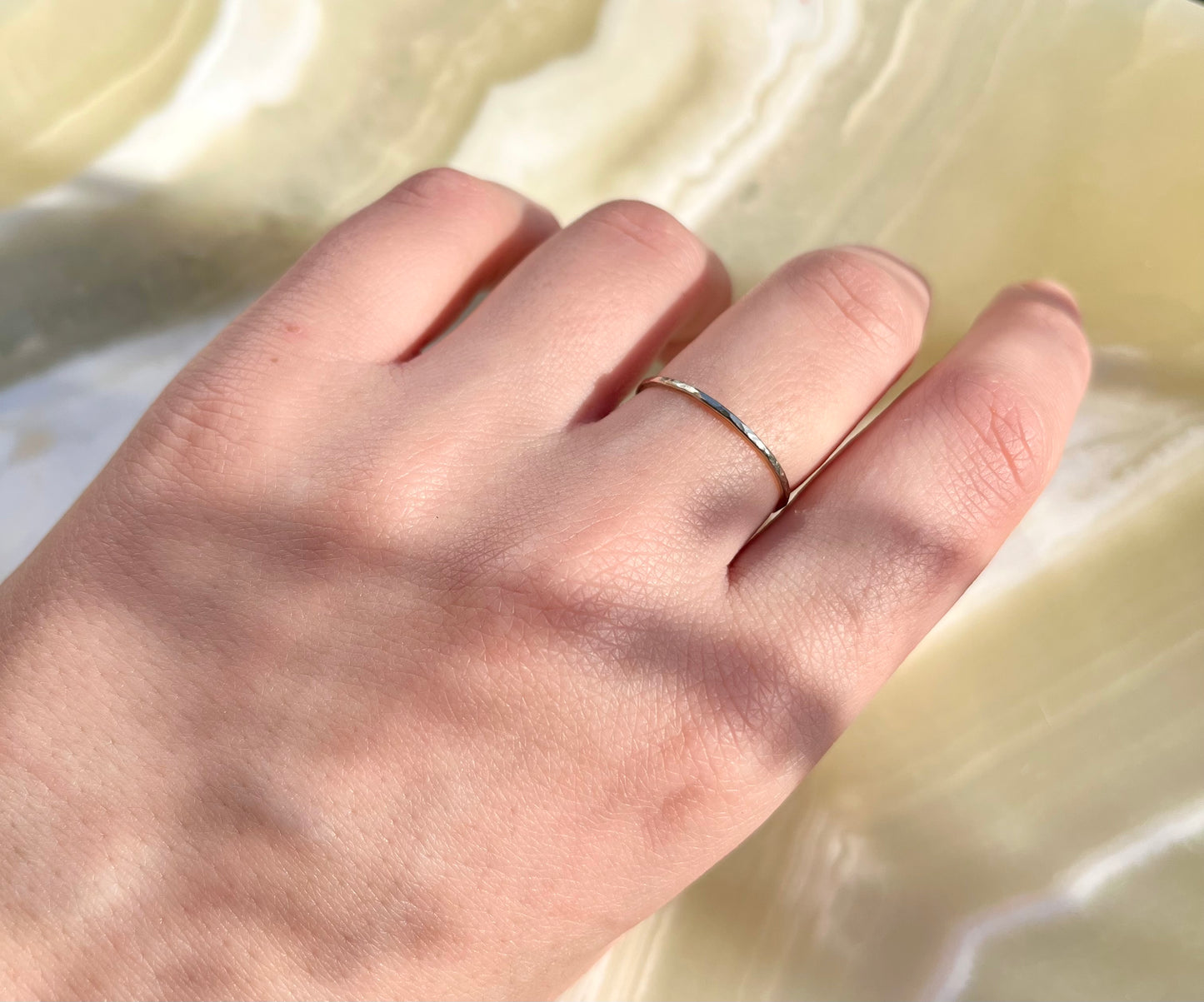 Delicate Solid 9K White Gold Thin Hammered Ring – Handcrafted Minimalist Jewelry