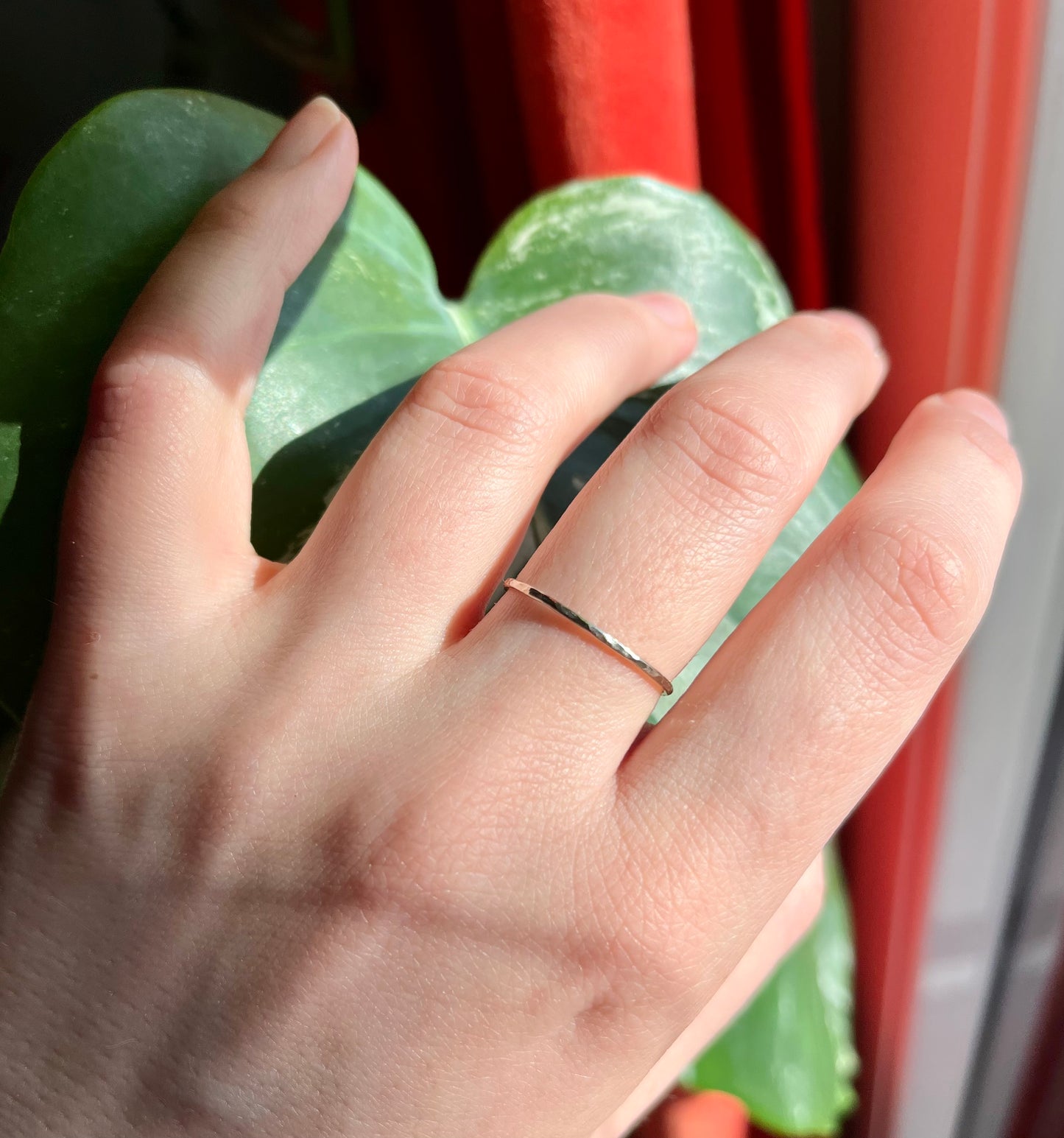 Delicate Solid 9K White Gold Thin Hammered Ring – Handcrafted Minimalist Jewelry