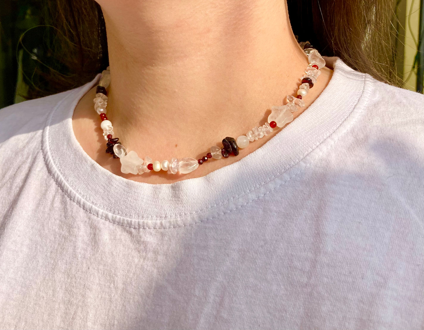 Playful Clear Quartz Necklace with Garnet, Moonstone, Heart & Star Shaped Beads