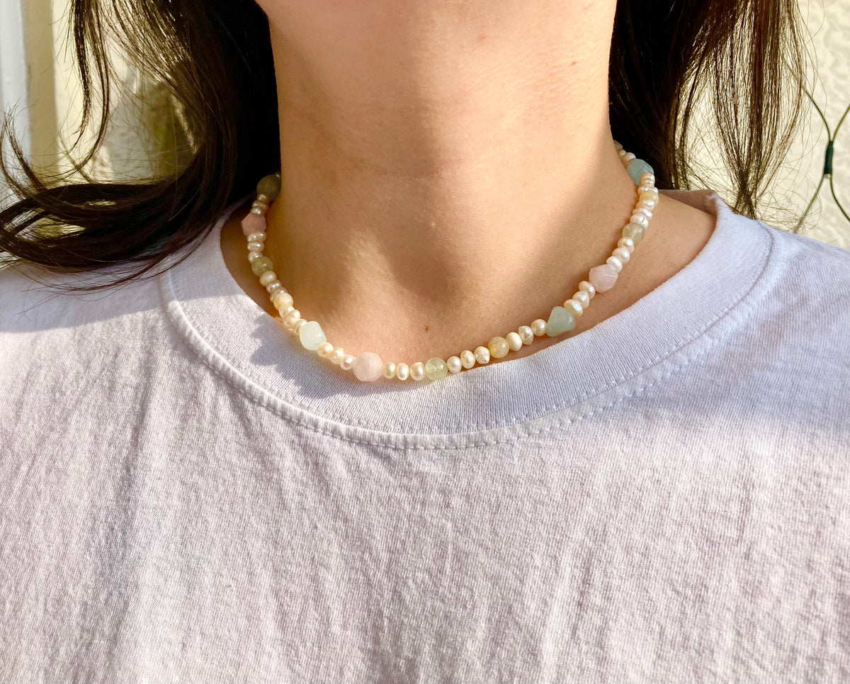 Lovely Pastel Gemstone and Freshwater Pearl Necklace with Aquamarine, Peridot, Citrine & Rose Quartz