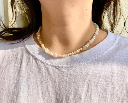 Lovely Pastel Gemstone and Freshwater Pearl Necklace with Aquamarine, Peridot, Citrine & Rose Quartz