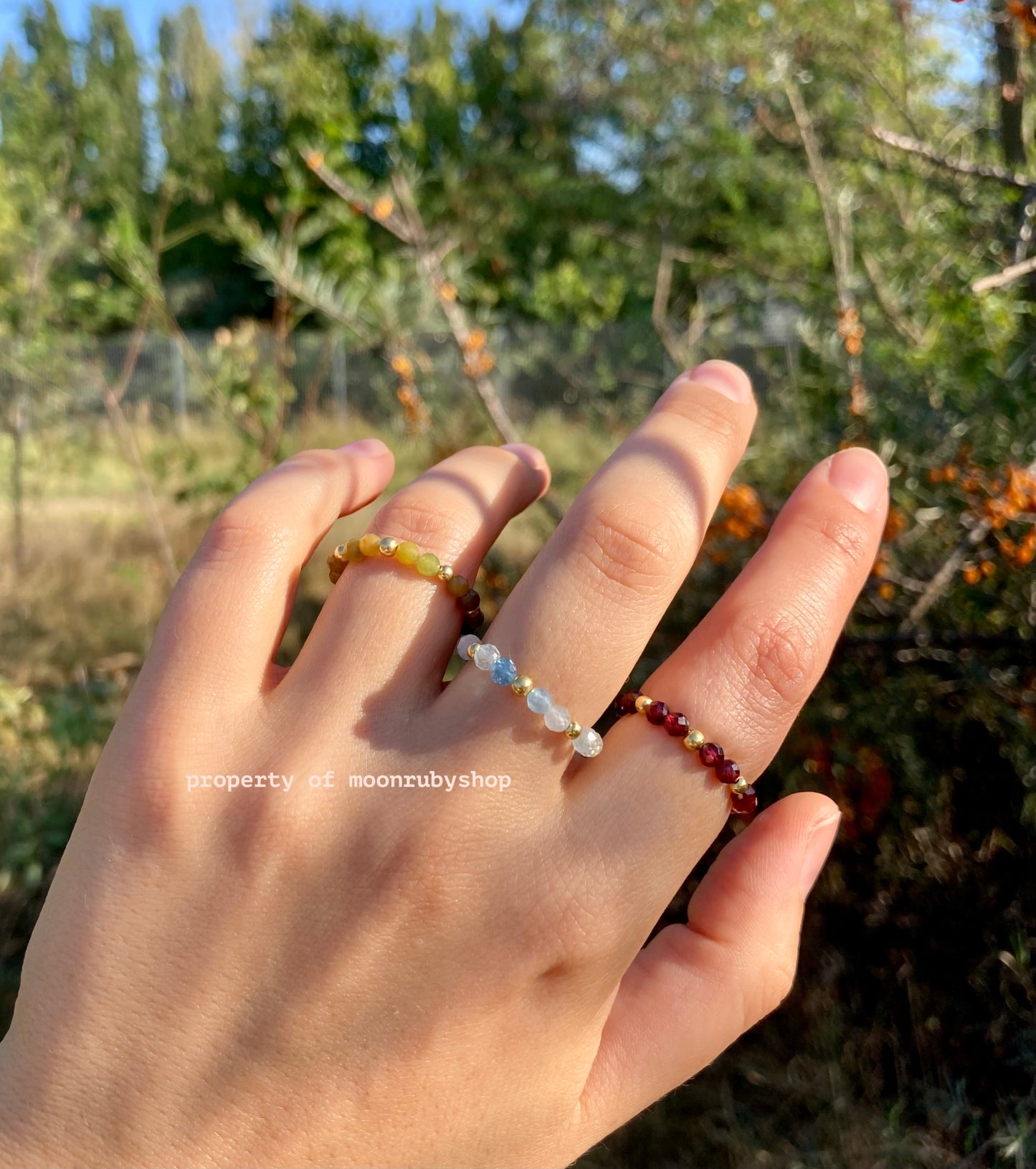 Elastic Worry Ring with Natural Faceted Gemstones and Gold-Plated 925 Sterling Silver Beads – Handmade, Calming, and Minimalist