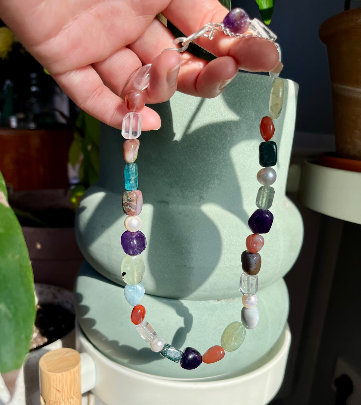 Chunky Gemstone Mix Chocker Necklace With Handmade 925 Silver Details