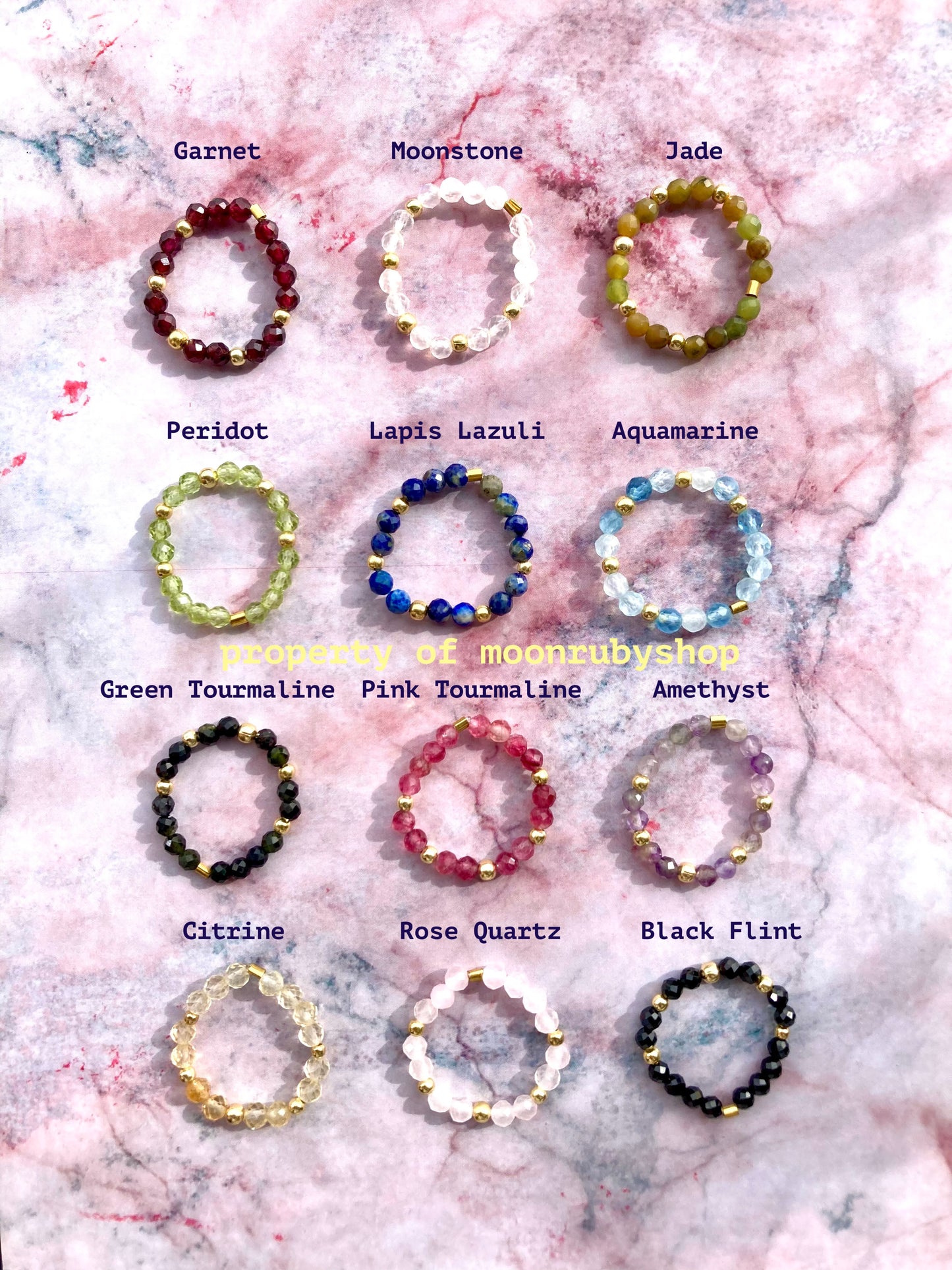 Elastic Worry Ring with Natural Faceted Gemstones and Gold-Plated 925 Sterling Silver Beads – Handmade, Calming, and Minimalist