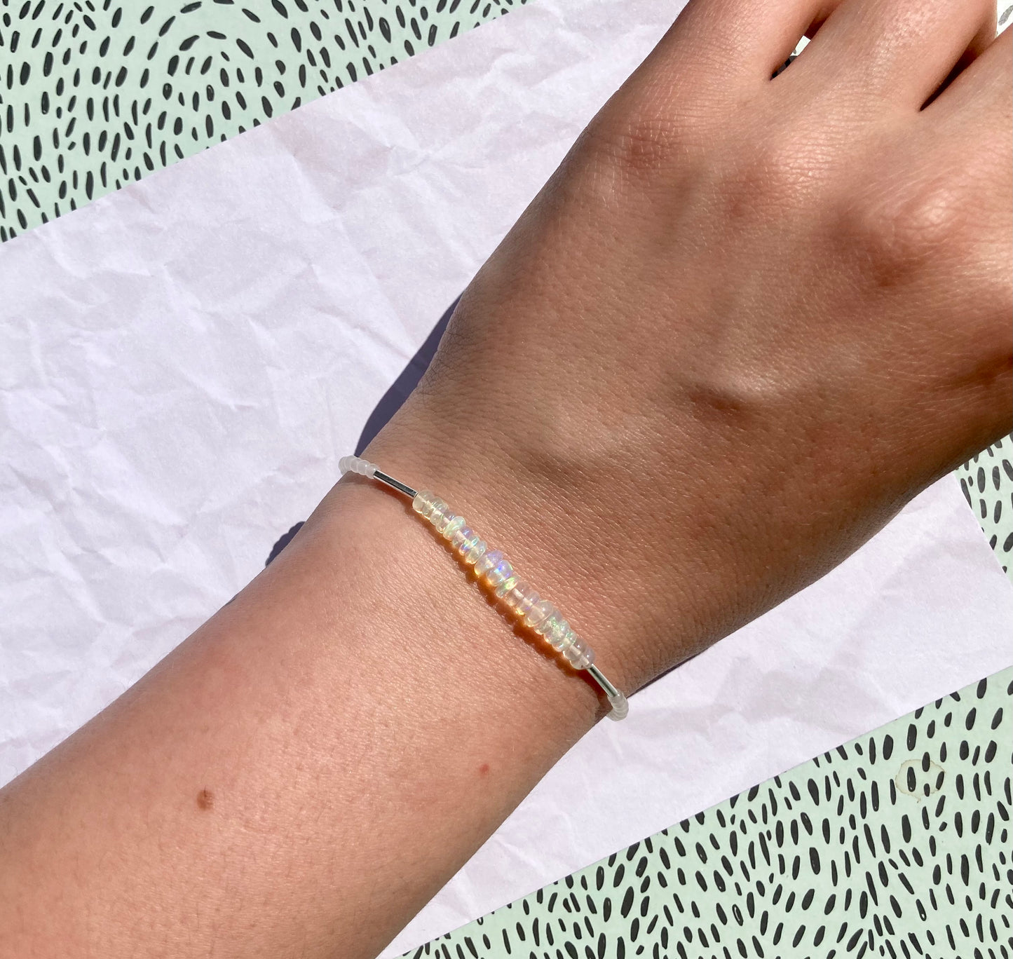 Natural Opals Bracelet with Solid Silver and White Jade for Confidence, Calmness, and Intuition