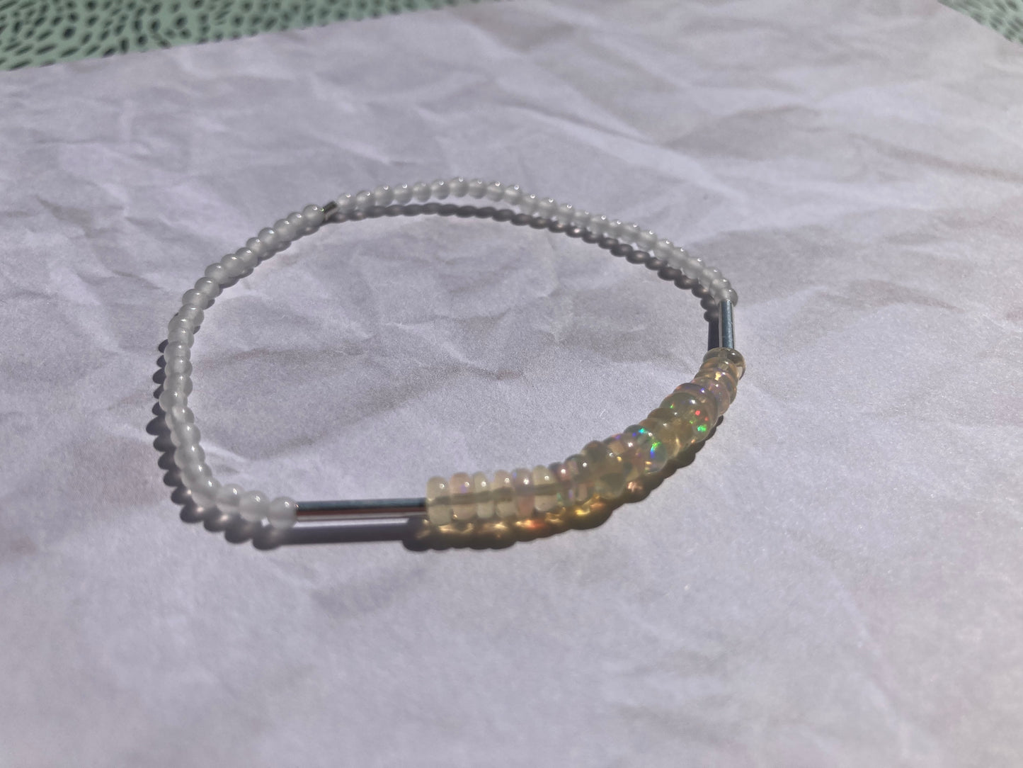 Natural Opals Bracelet with Solid Silver and White Jade for Confidence, Calmness, and Intuition