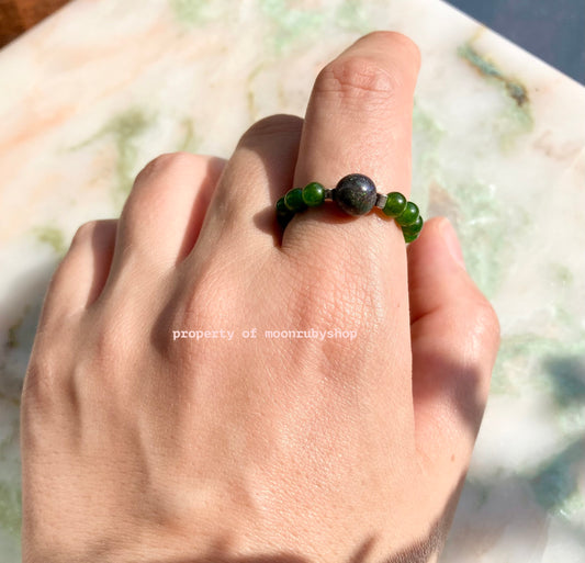 Luxurious Jade and Real Black Opal Elastic Anti-Anxiety Ring with Solid Silver