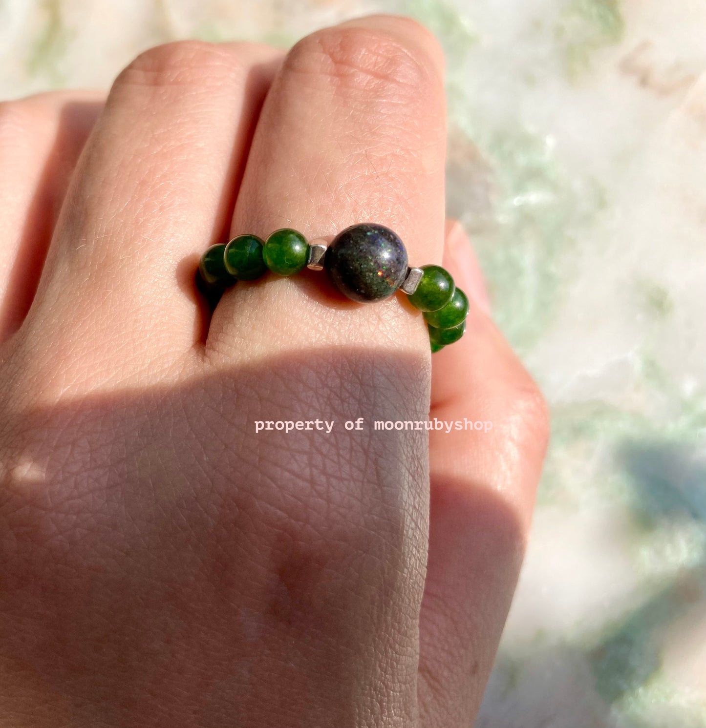 Luxurious Jade and Real Black Opal Elastic Anti-Anxiety Ring with Solid Silver