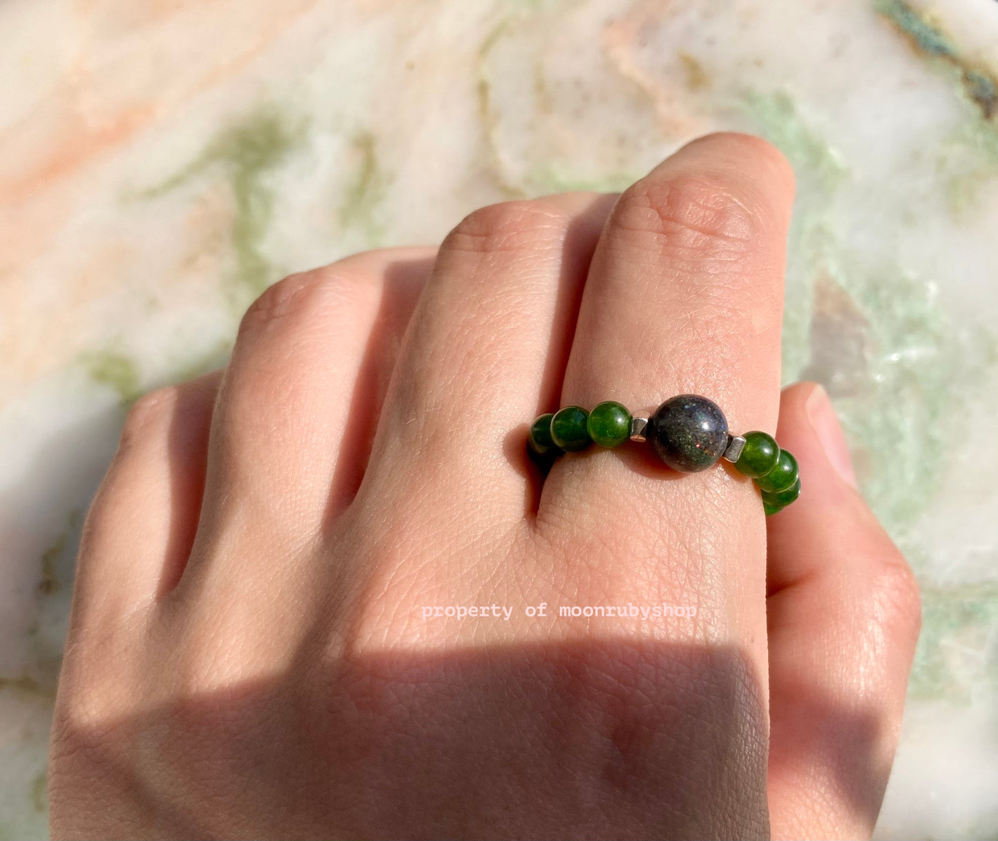 Luxurious Jade and Real Black Opal Elastic Anti-Anxiety Ring with Solid Silver