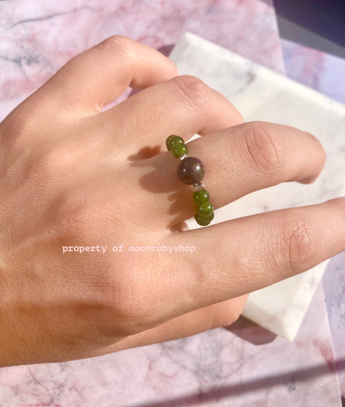 Luxurious Jade and Real Black Opal Elastic Anti-Anxiety Ring with Solid Silver