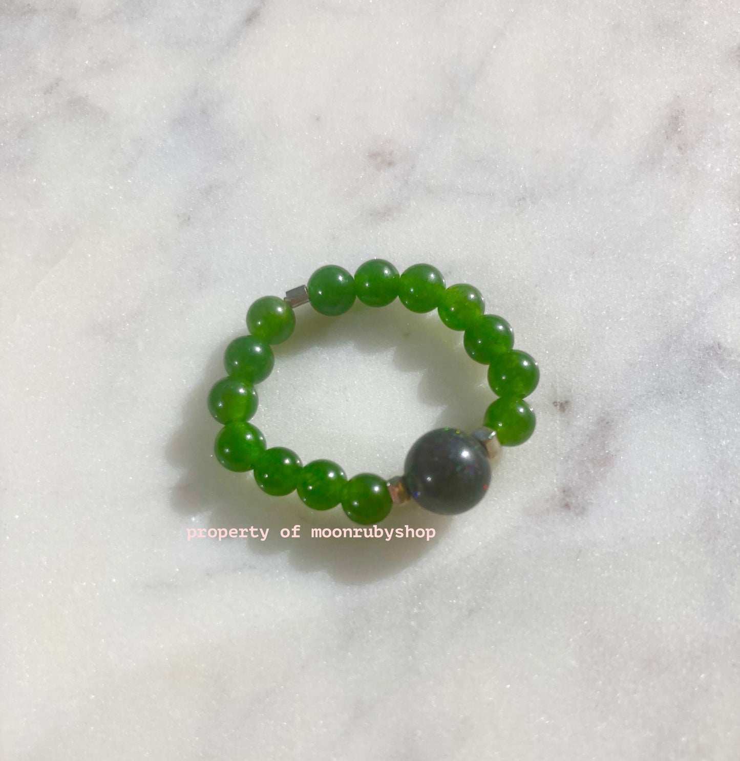 Luxurious Jade and Real Black Opal Elastic Anti-Anxiety Ring with Solid Silver