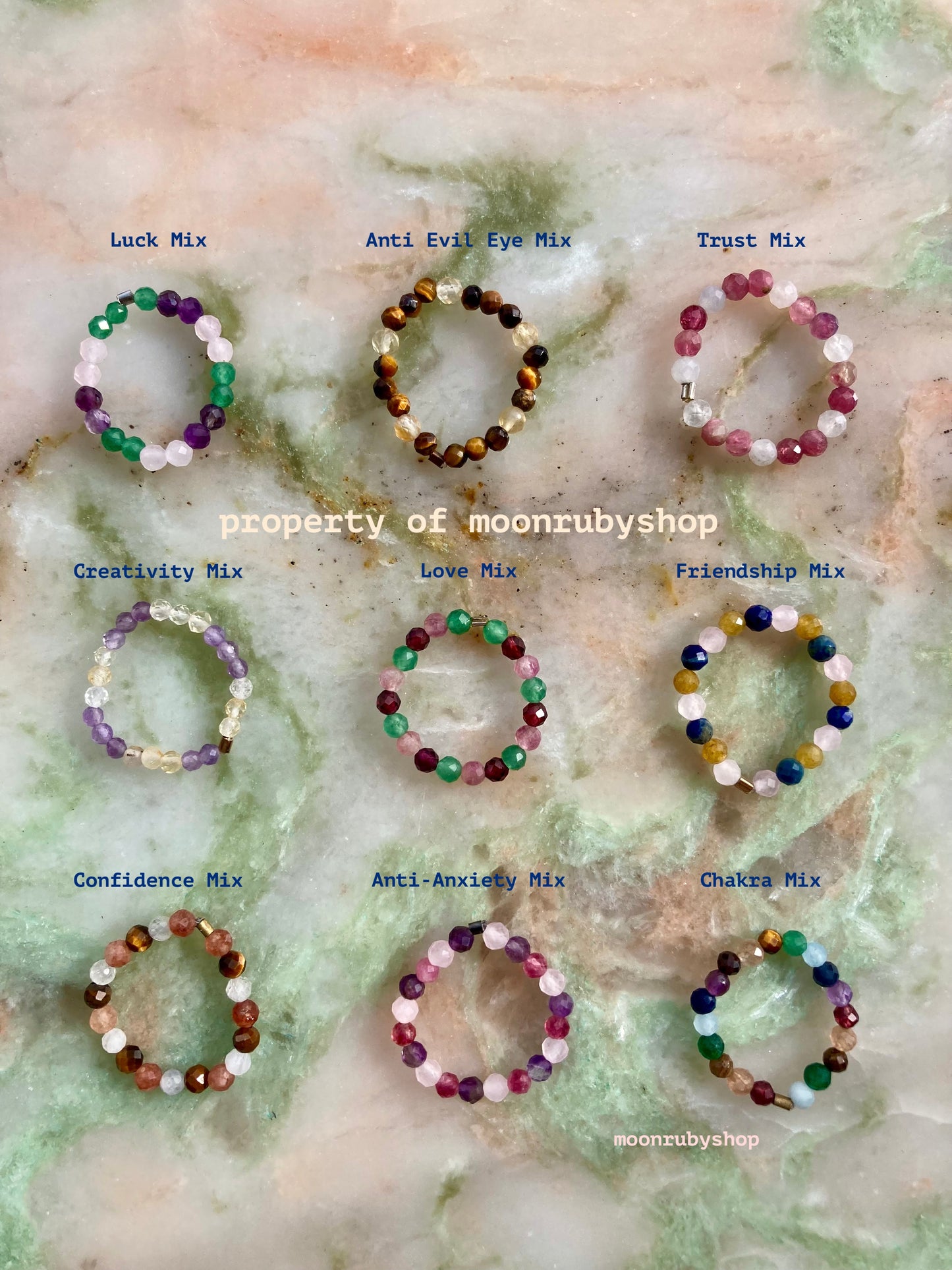 Natural Gemstone Bead Fidget Rings in Special Spirit Combination Mix for Love, Luck, Confidence, and More